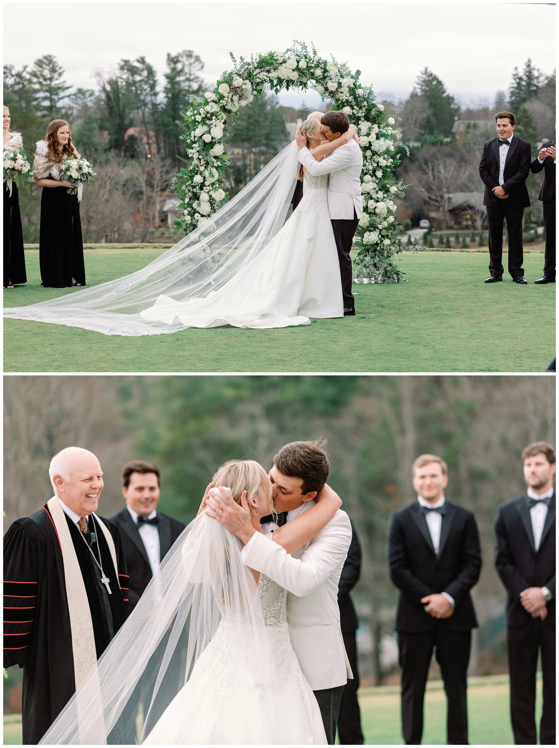 bride and groom kiss after their ceremony for their Asheville winter wedding