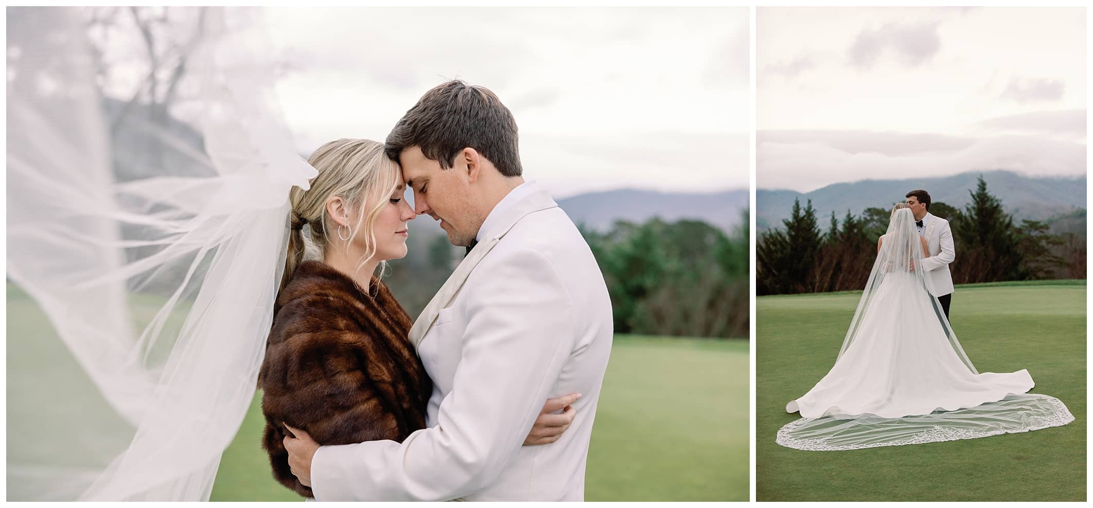 bride and groom pose for portraits outdoors at the Country Club of Asheville