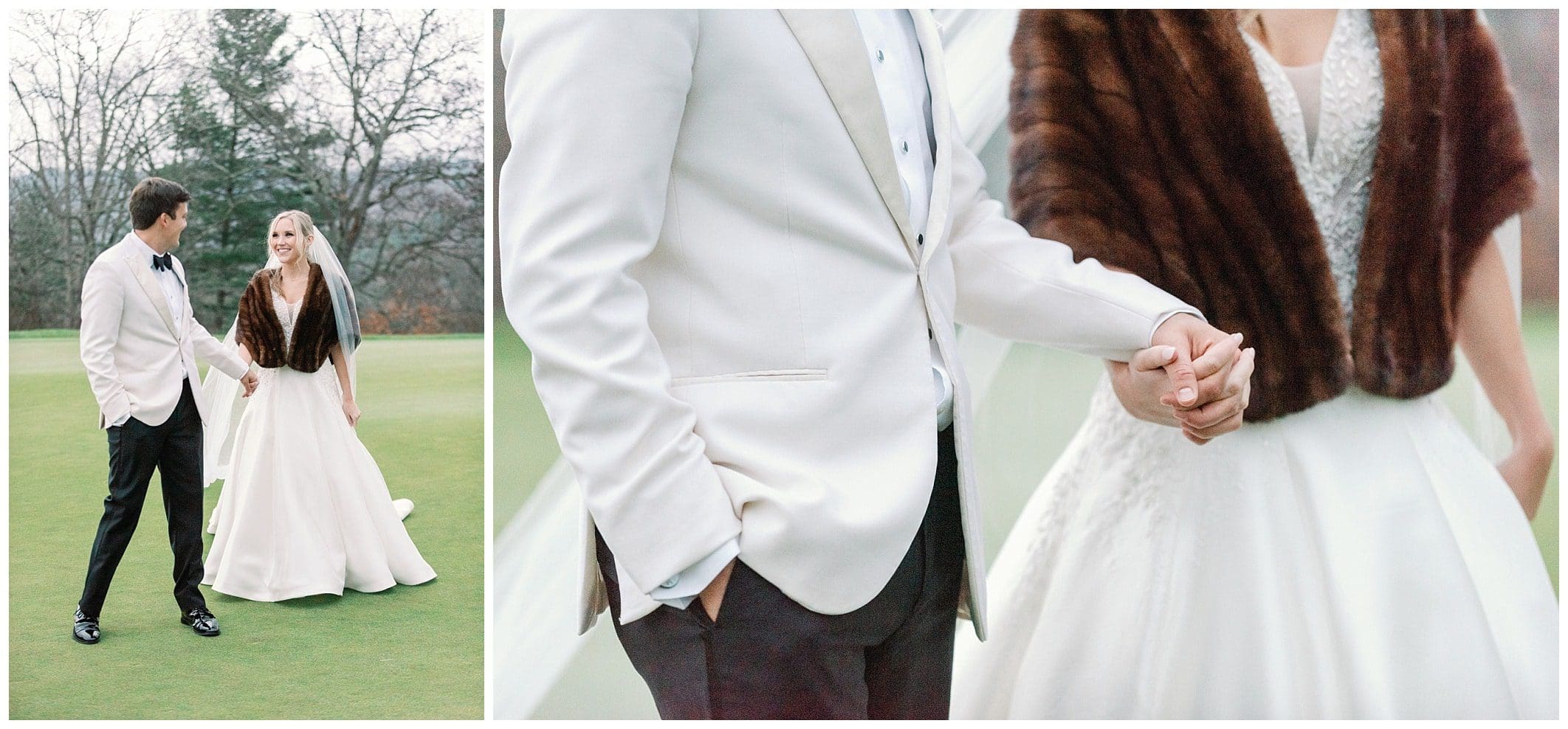 bride and groom walk together on golf course