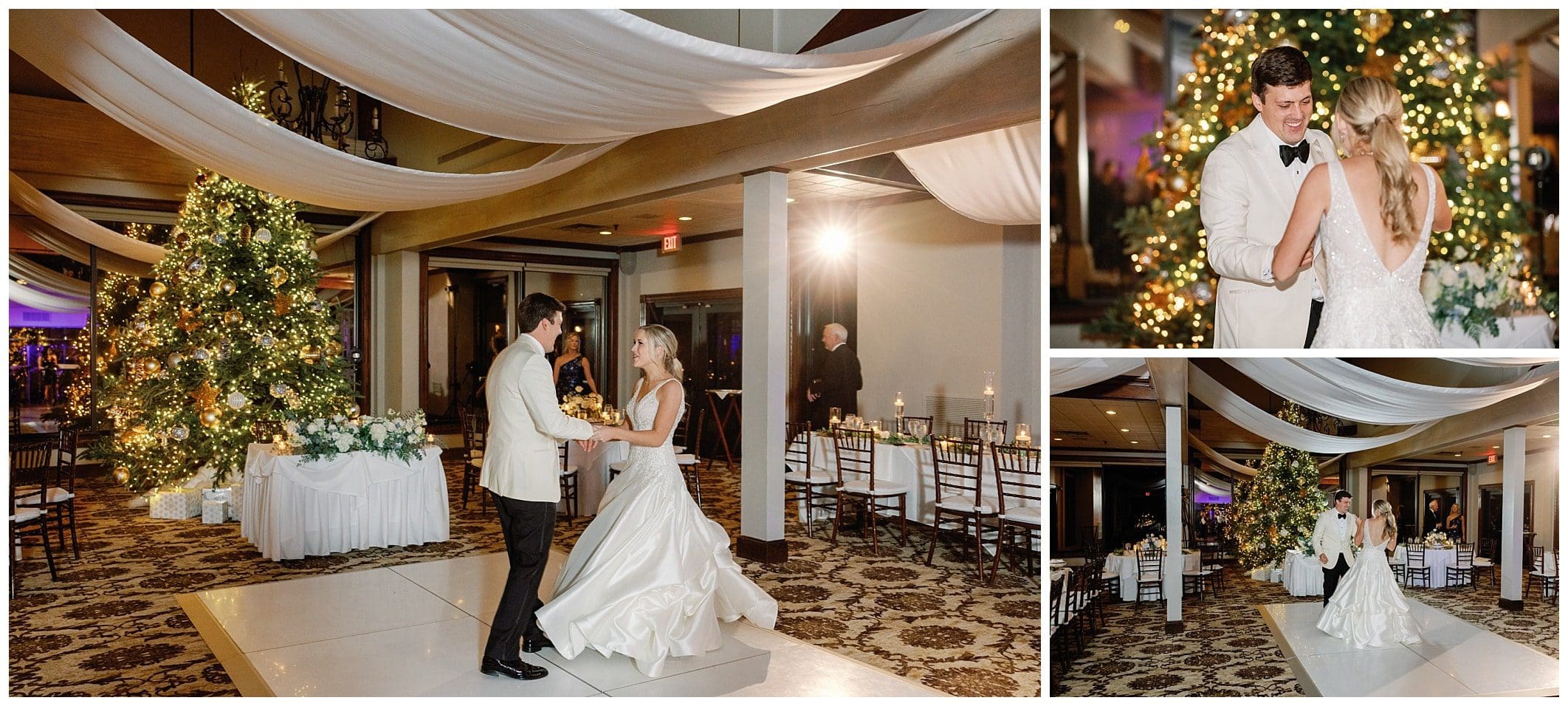 bride and groom sharing dance in front of Christmas tree