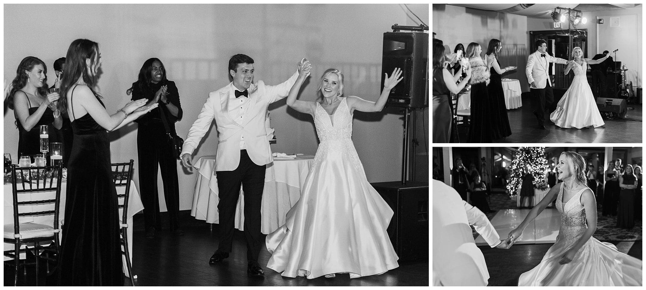 black and white photos of couple introduced at their reception