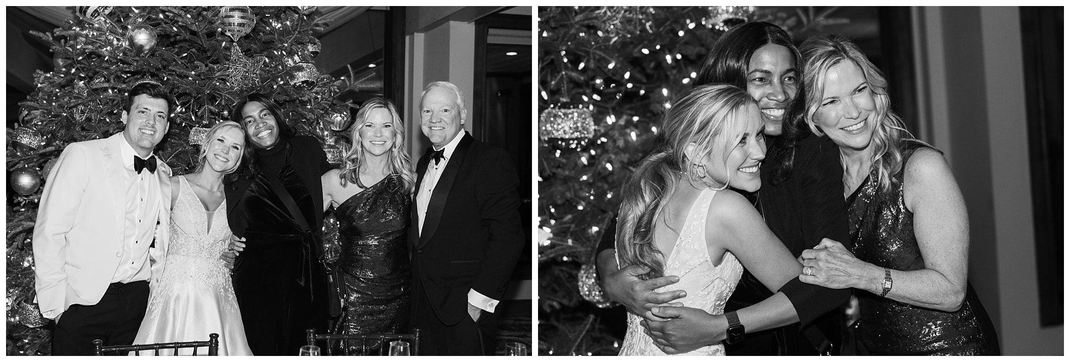 black and white photos of bride and groom with their guests for their Asheville winter wedding