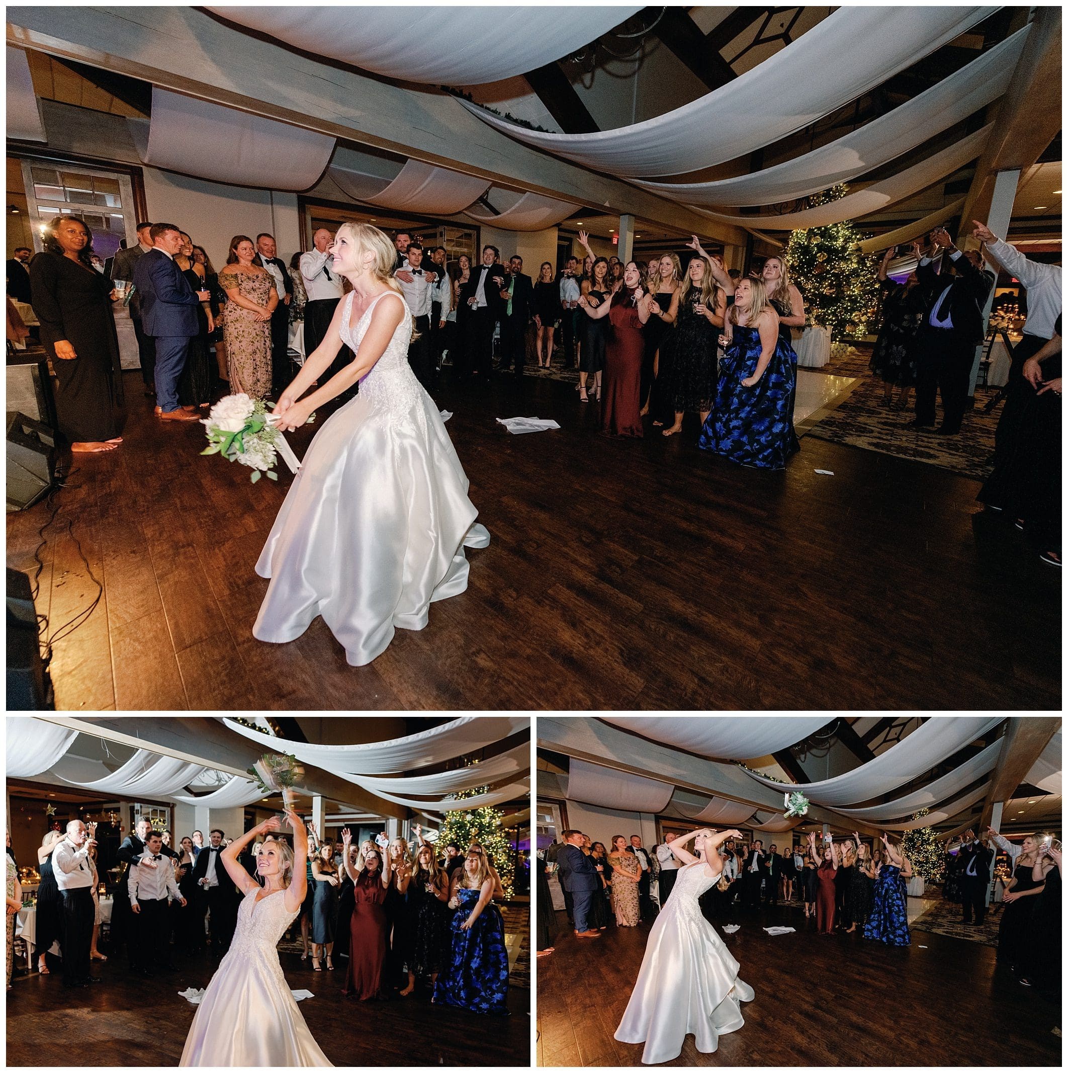 bride tossing her bouquet at Country Club of Asheville