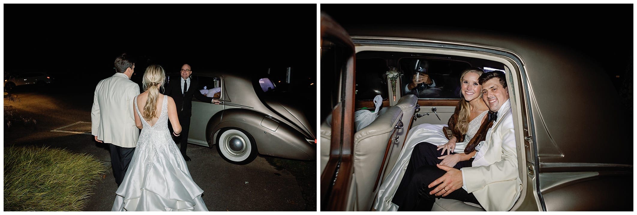 bride and groom getting in classic car at the end of their wedding