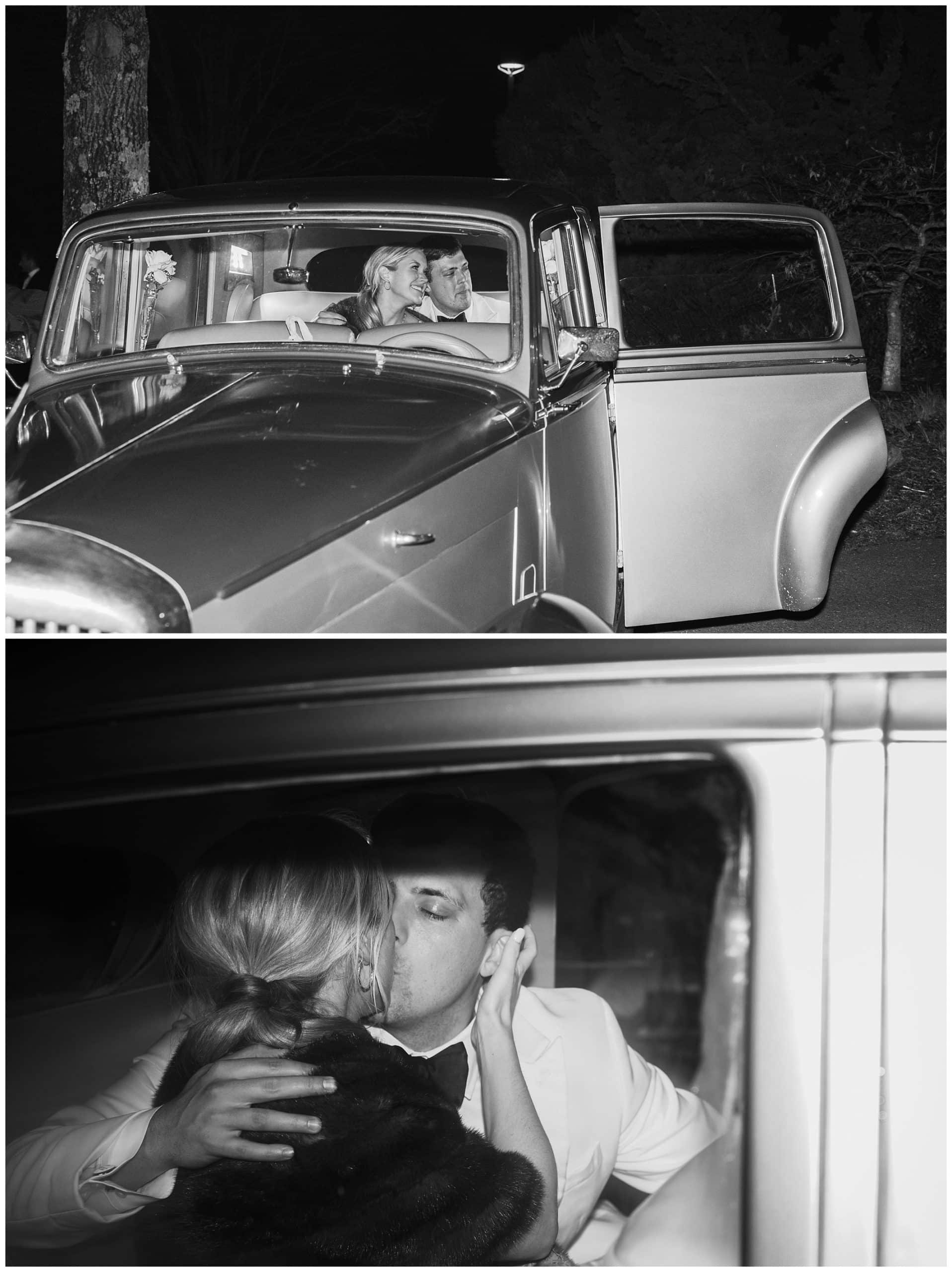 black and white photo of couple making their grand exit at their Asheville winter wedding