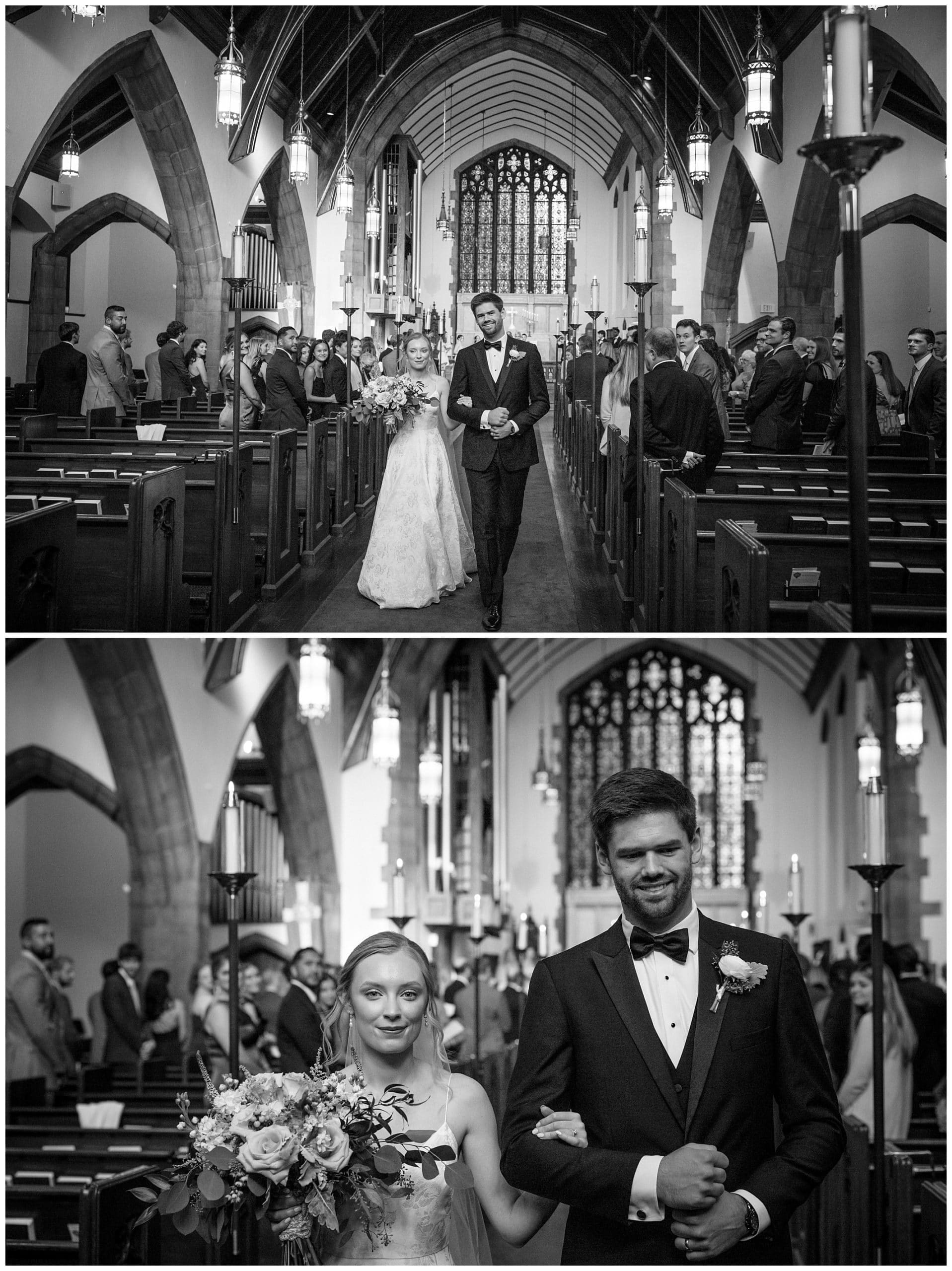 black and white photo of couple walking out of their downtown Asheville chapel church