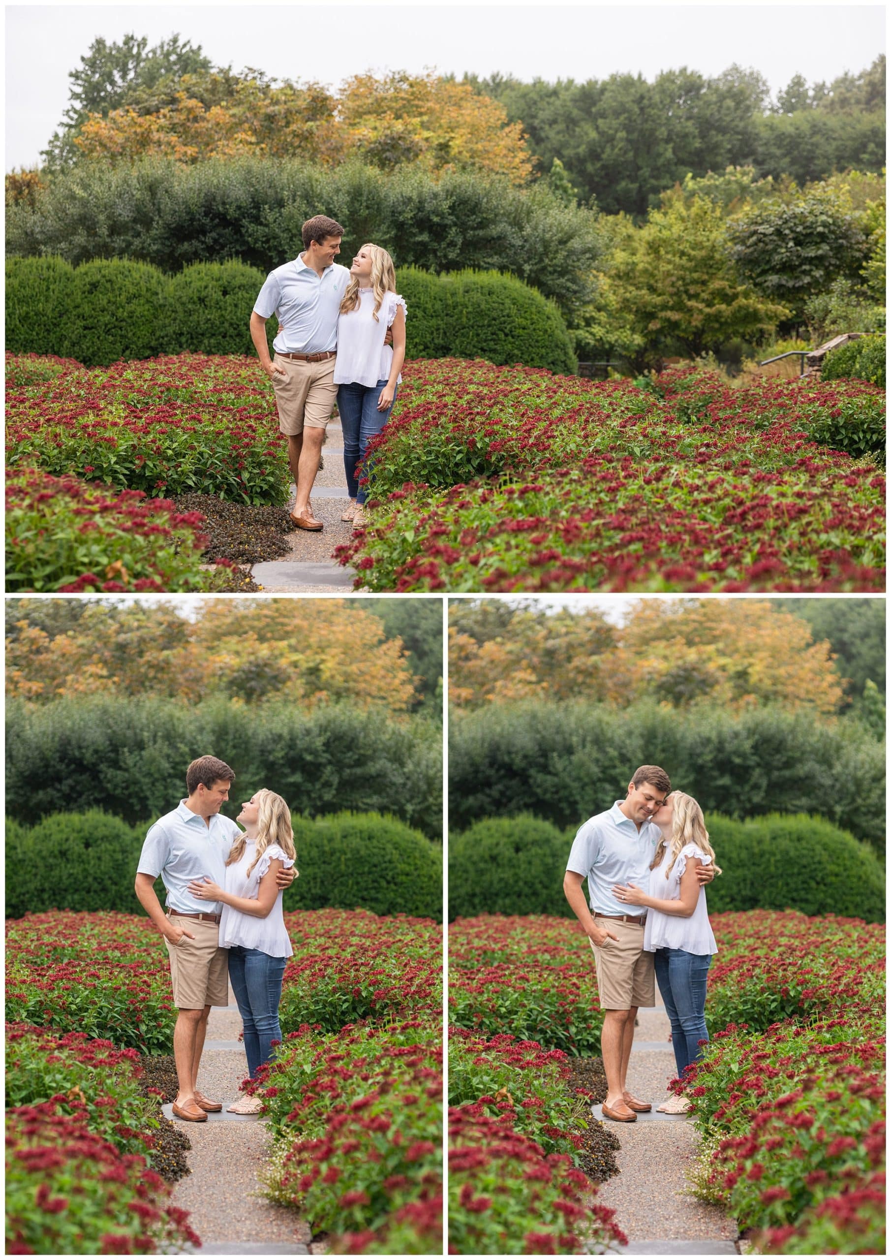couple poses in flower patch at the North Carolina Arboretum