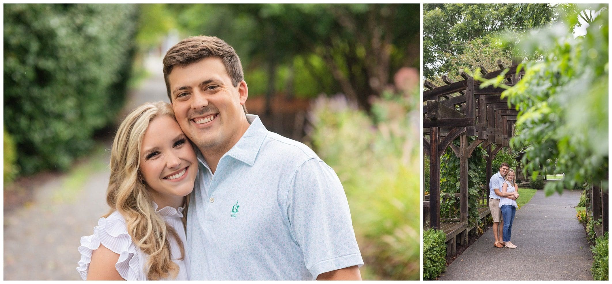 couple poses outdoors in garden trail for their Asheville engagement