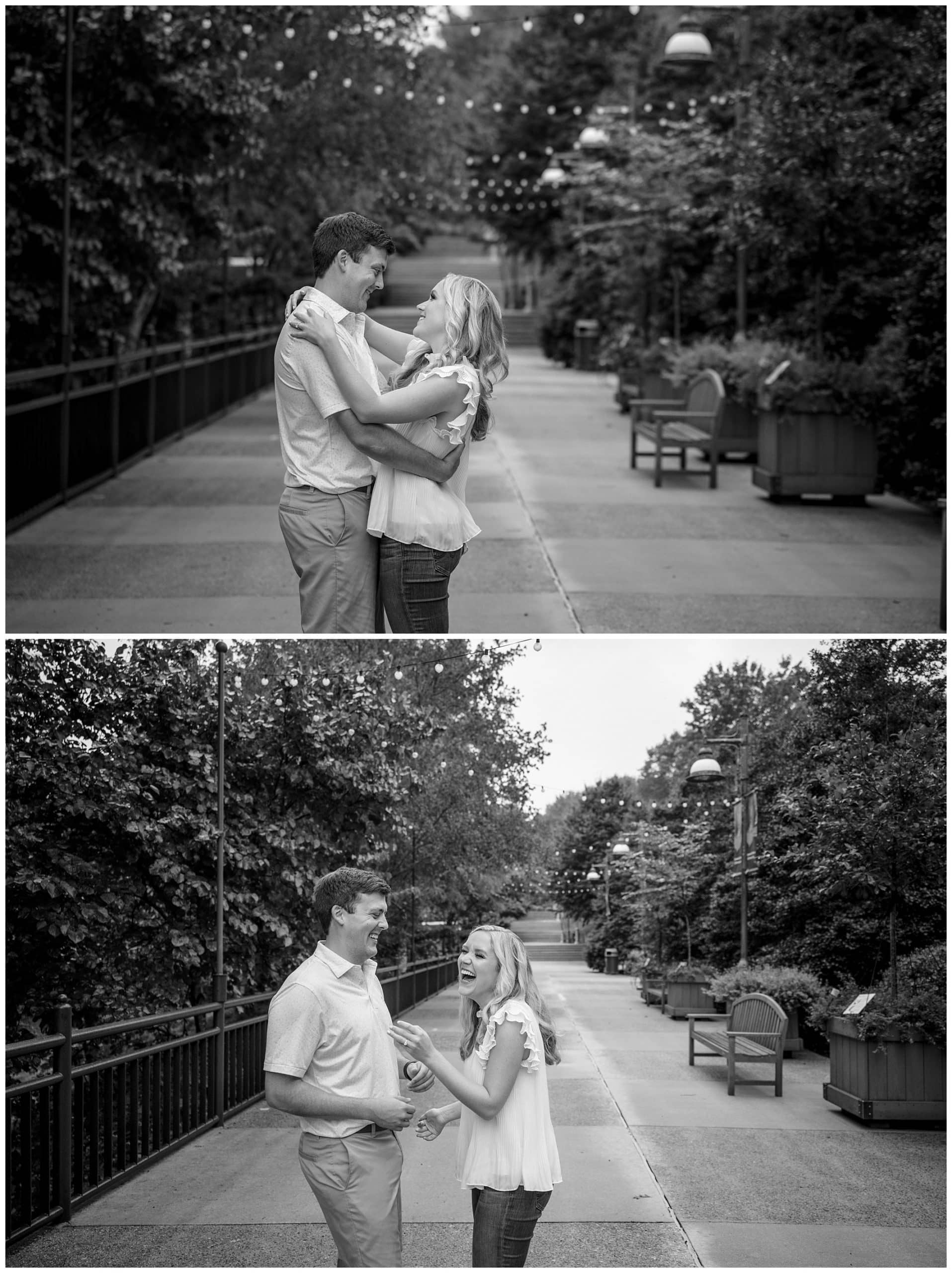 black and white photo of couple hugging at the North Carolina Arboretum
