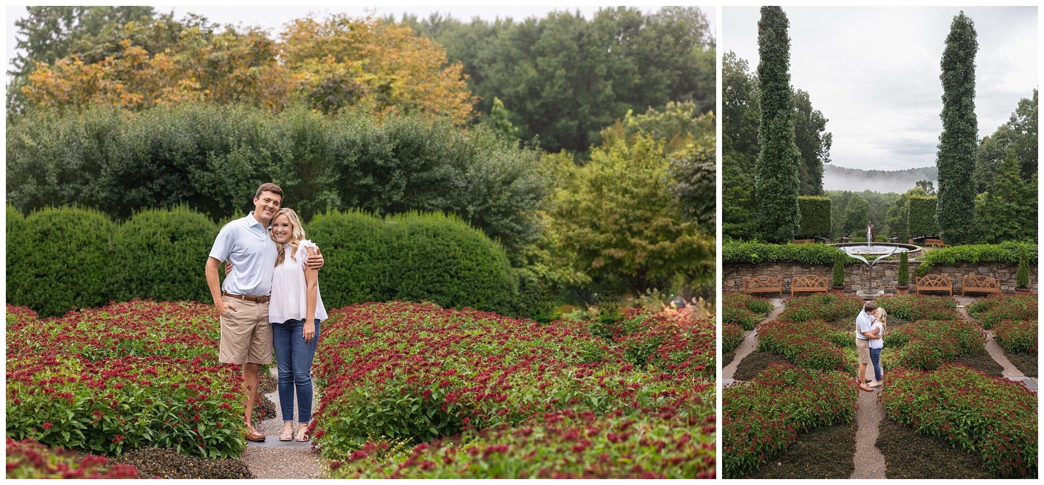 couple poses in quilt garden of flowers at the North Carolina Arboretum