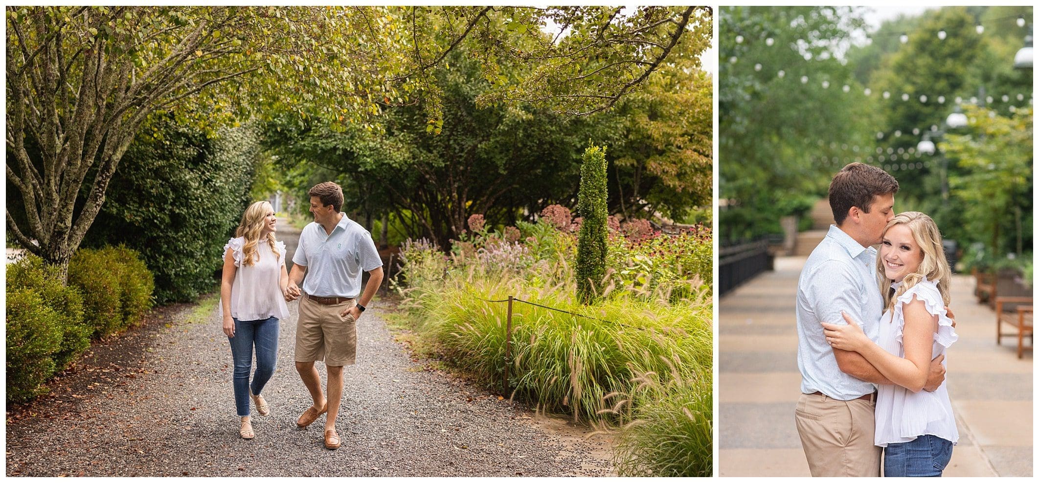 Couple in casual outft at their NC engagement session. They are walking down a path with green trees surrounding them.