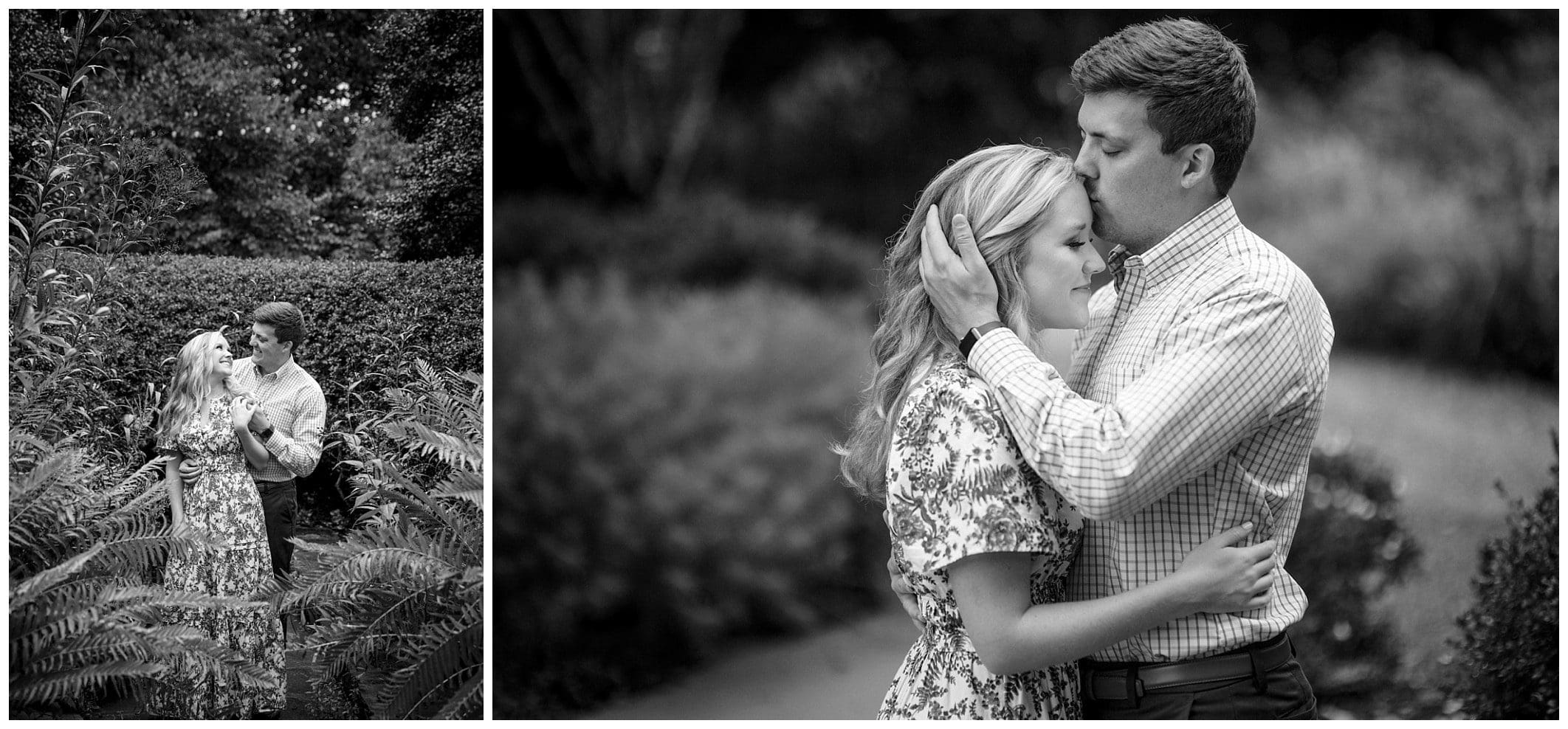 black and white photo of couple's hugging surrounded by ferns 