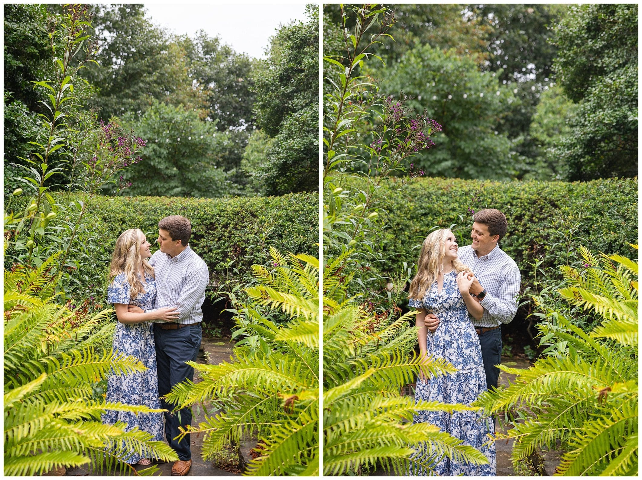 Girl in blue and white anthropology dress  snuggled up with fiance surrounded by greenery at their engagement session at the NC Arboretum.