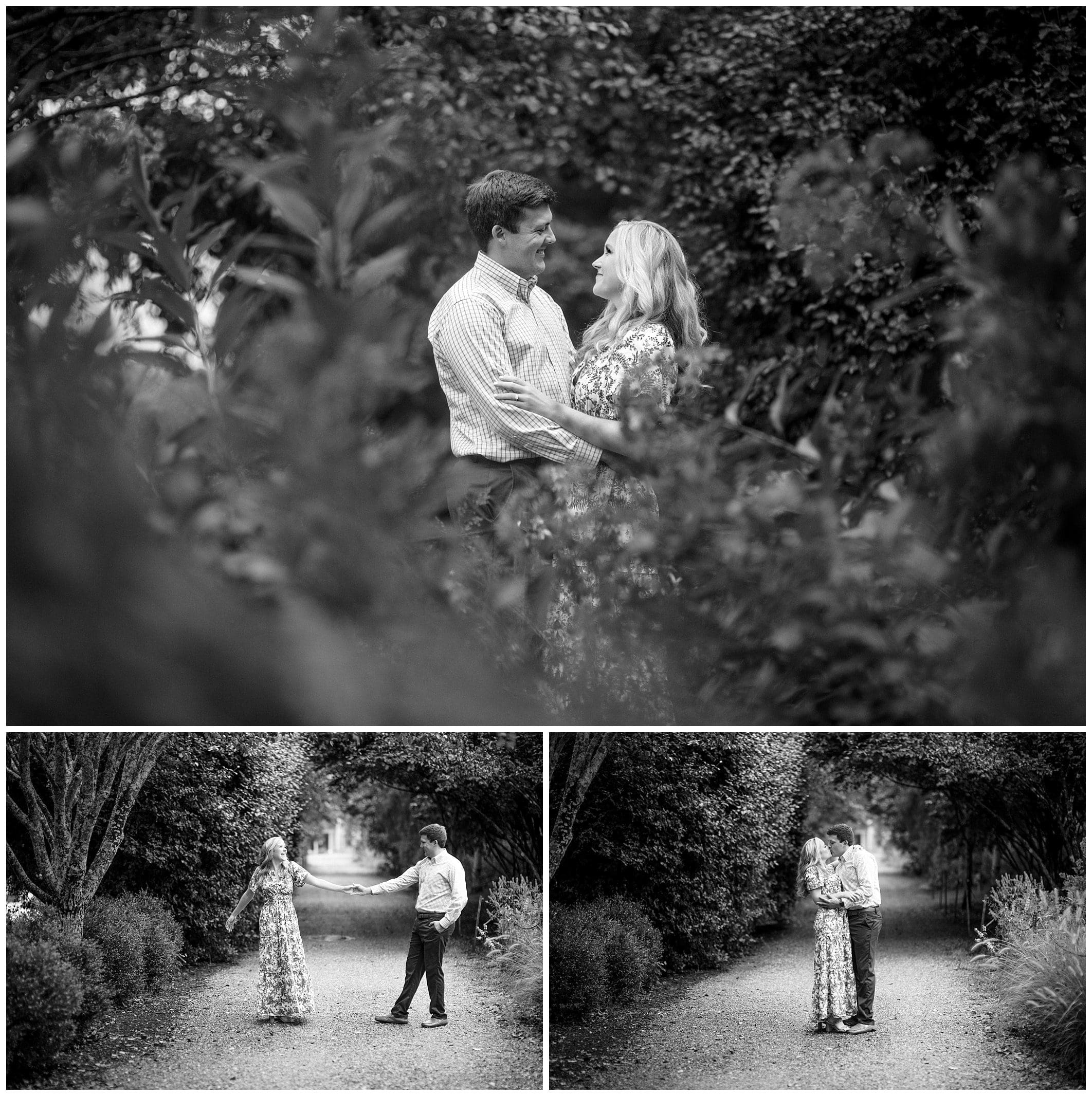 black and white photo of couple at the North Carolina Arboretum for their engagement session