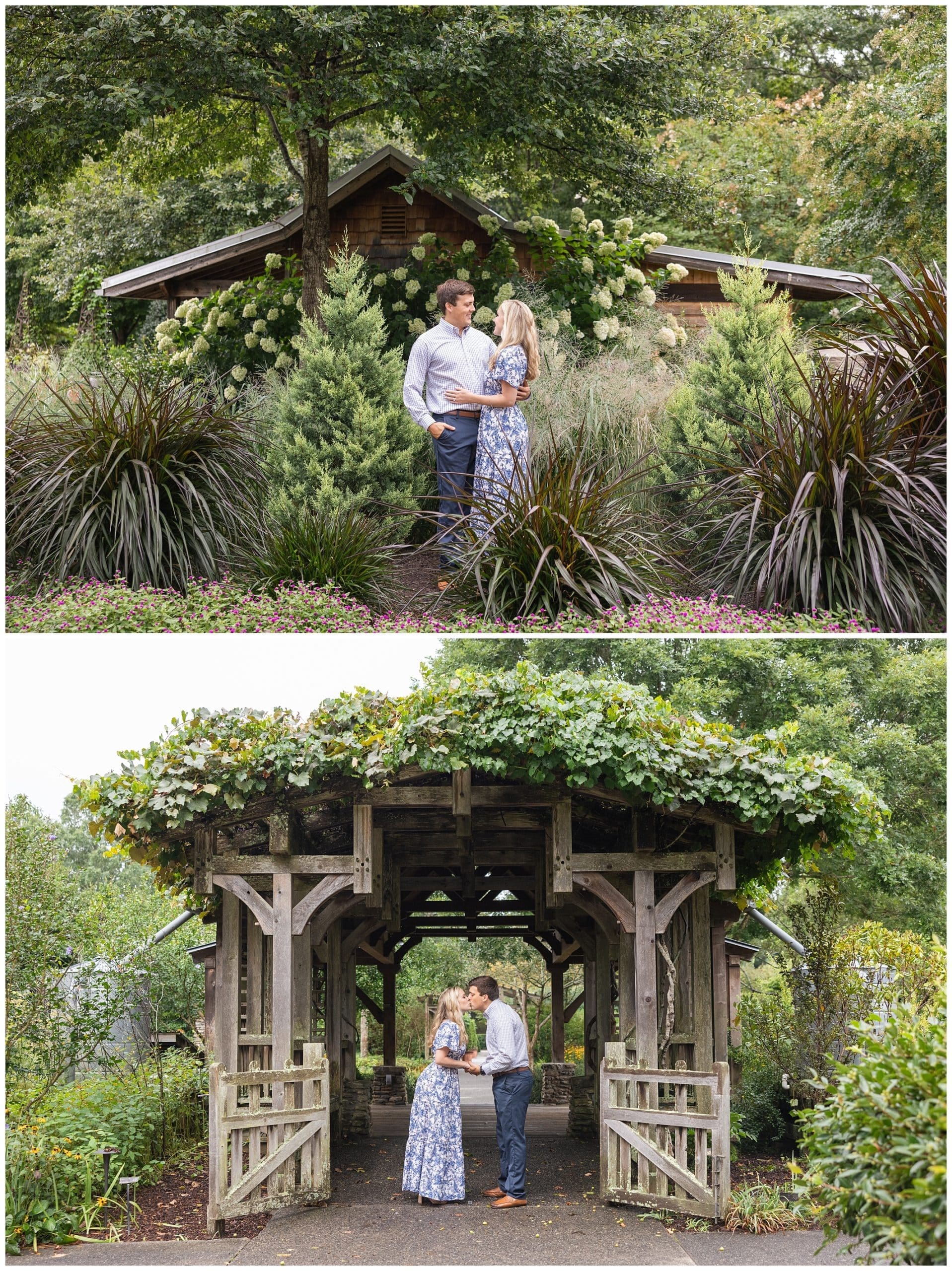 couple posing in garden for their Asheville engagement session
