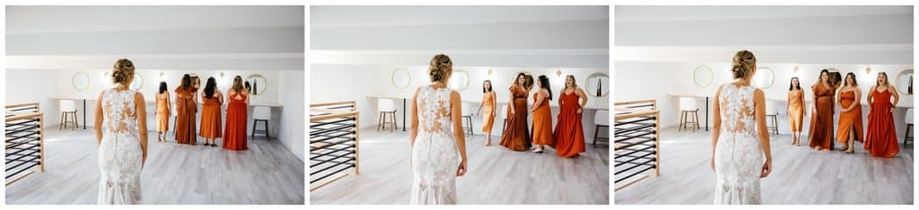 bride reveals dress to her bridesmaids