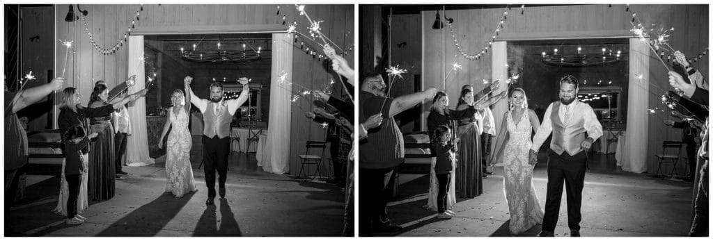 black and white photos of wedding sparkler exit