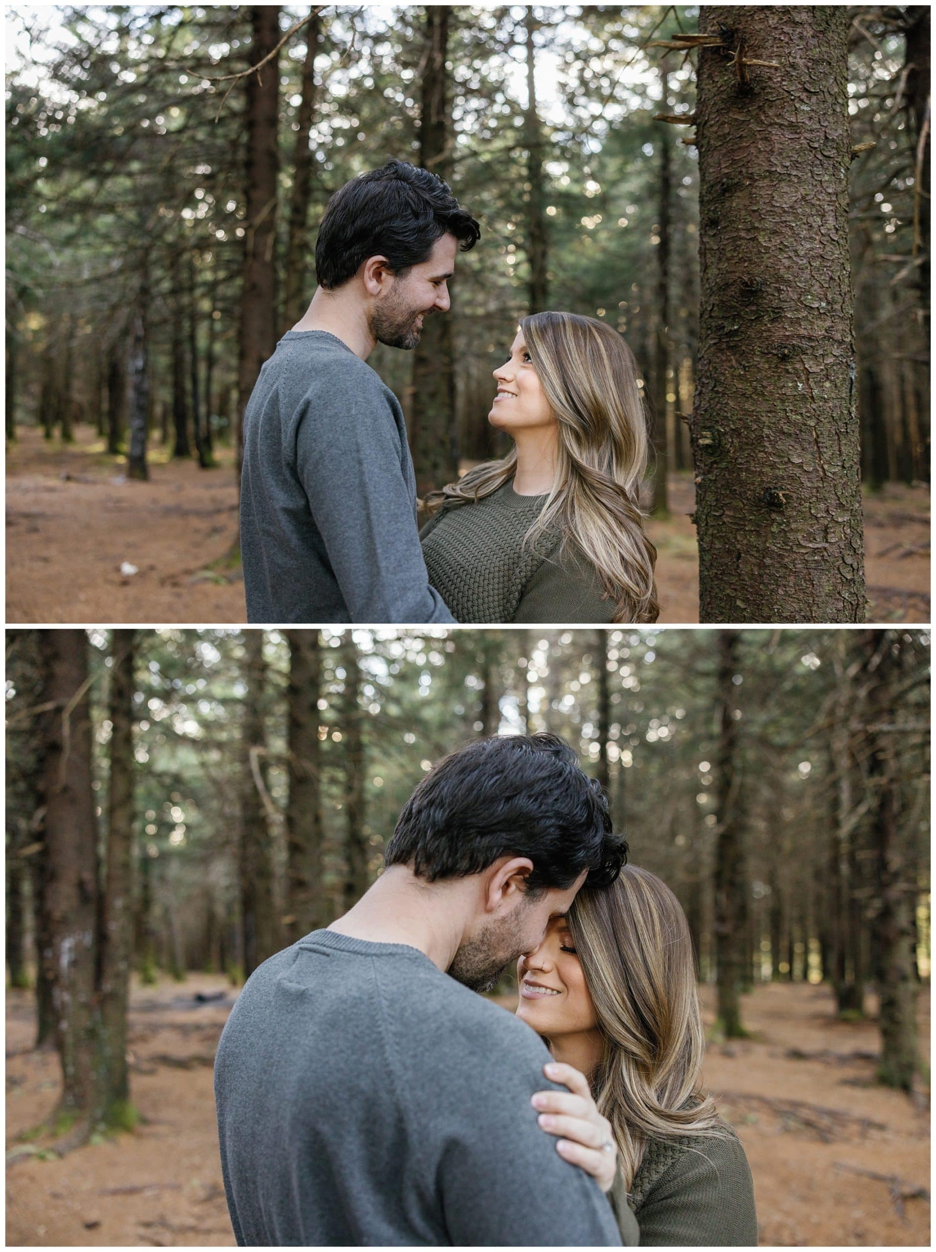 couple posing for their Blue Ridge engagement session in the woods