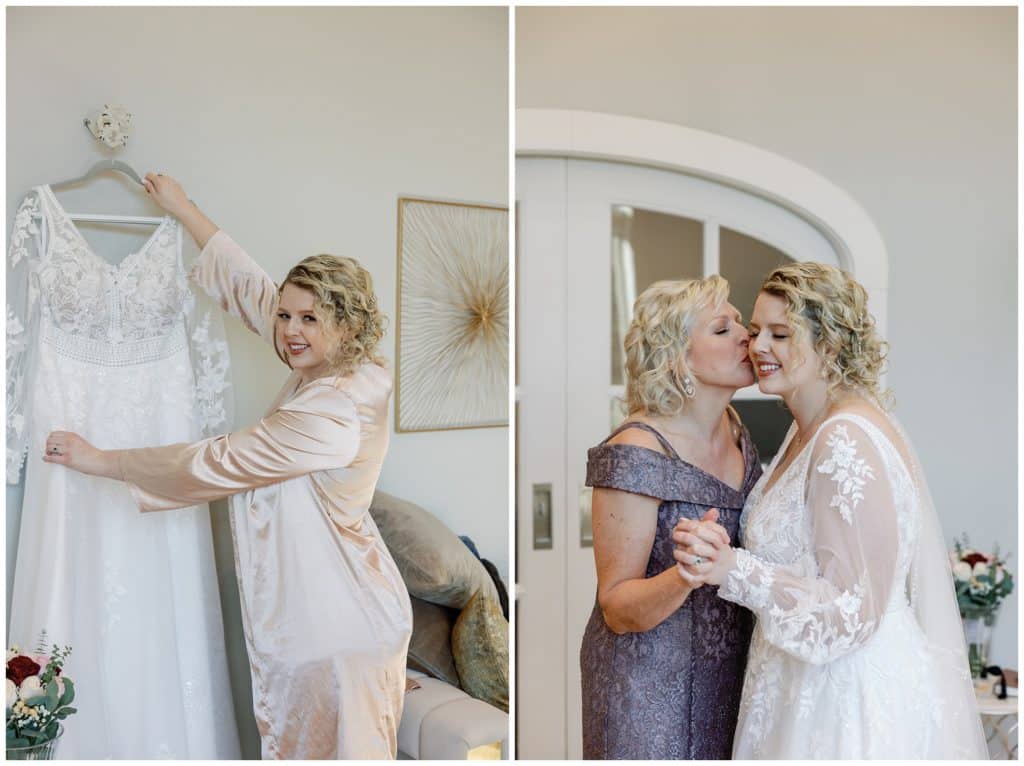 bride and her mom getting ready on her wedding day