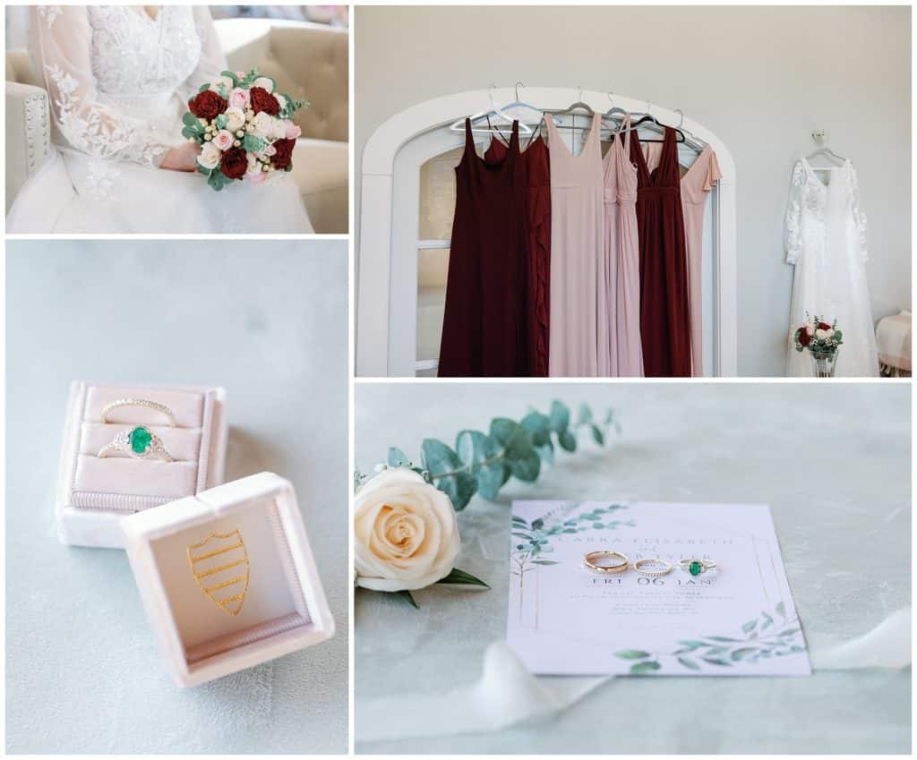 winter wedding details in Asheville, NC with pink and burgundy details