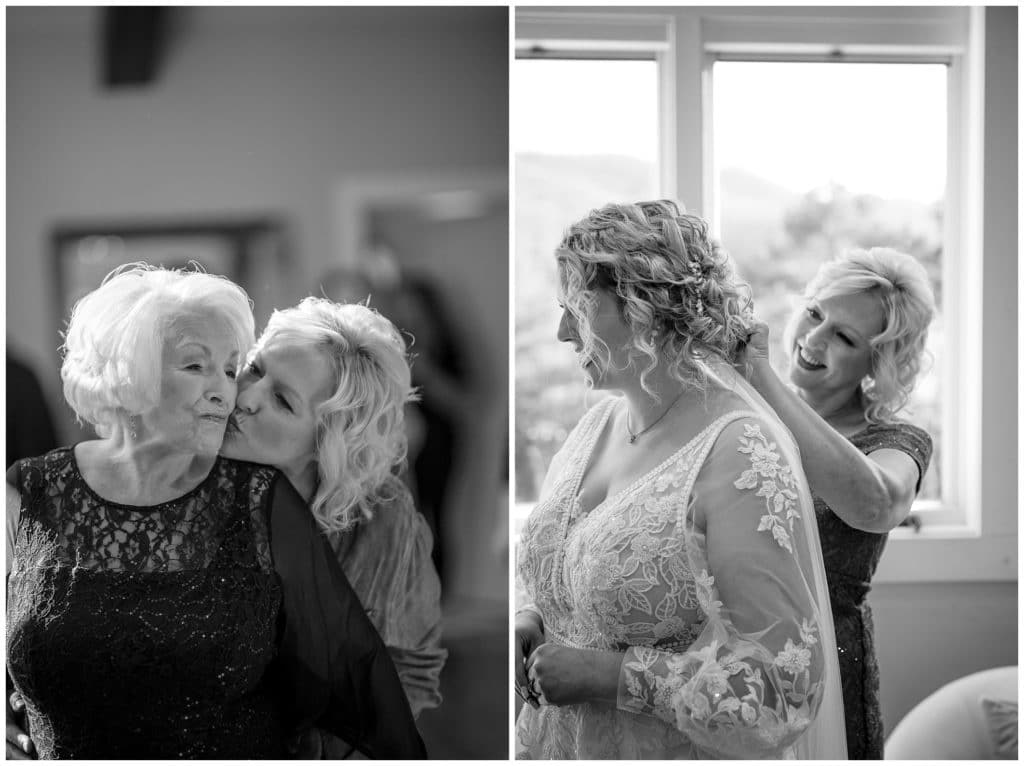 black and white photo of 3 generations on bride's wedding day