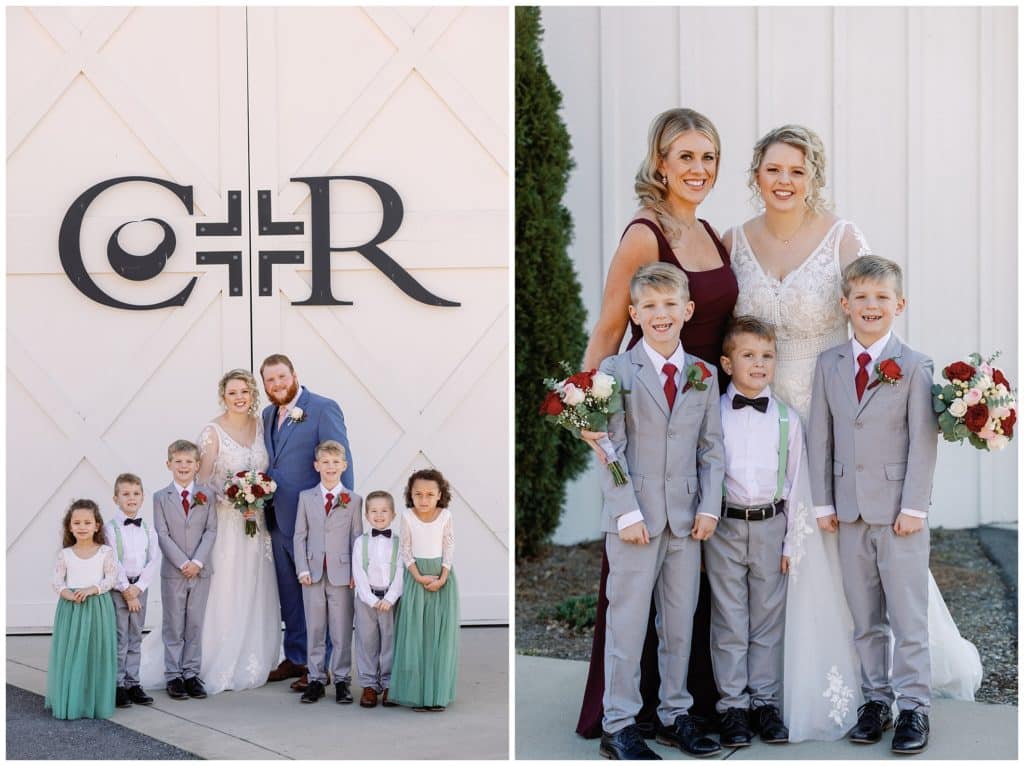 bride and groom takes photos with family