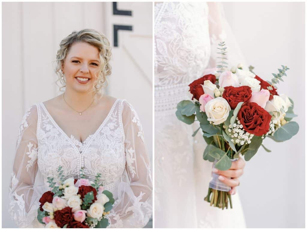 bridal portrait on her wedding day with red, pink, and white bouquet