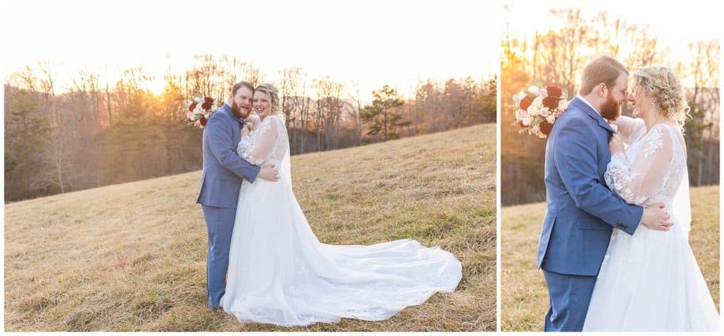 bride and groom take portraits in a field at sunset