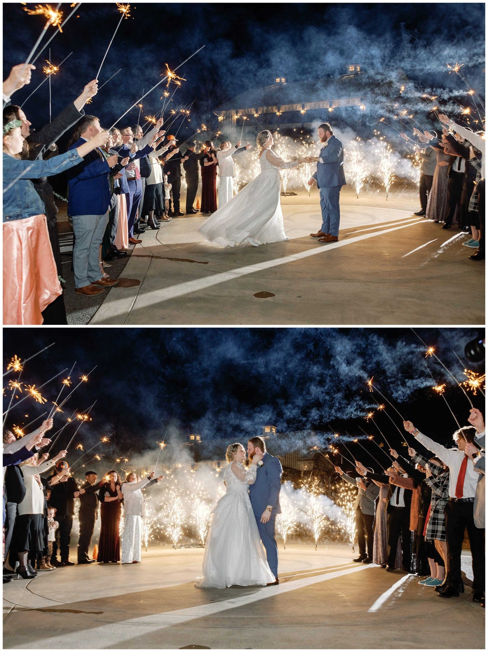 bride and groom share sparkler exit with small fireworks behind them for their wedding at Chestnut Ridge