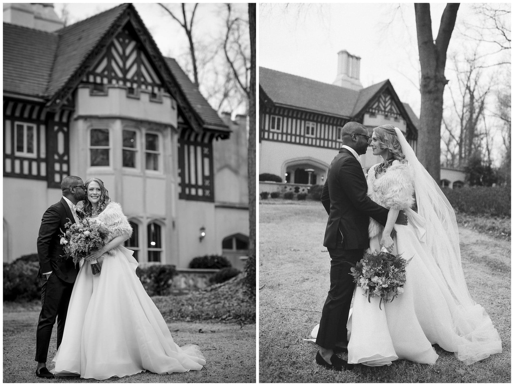 black and white film portraits of bride and groom outdoors at their Atlanta wedding