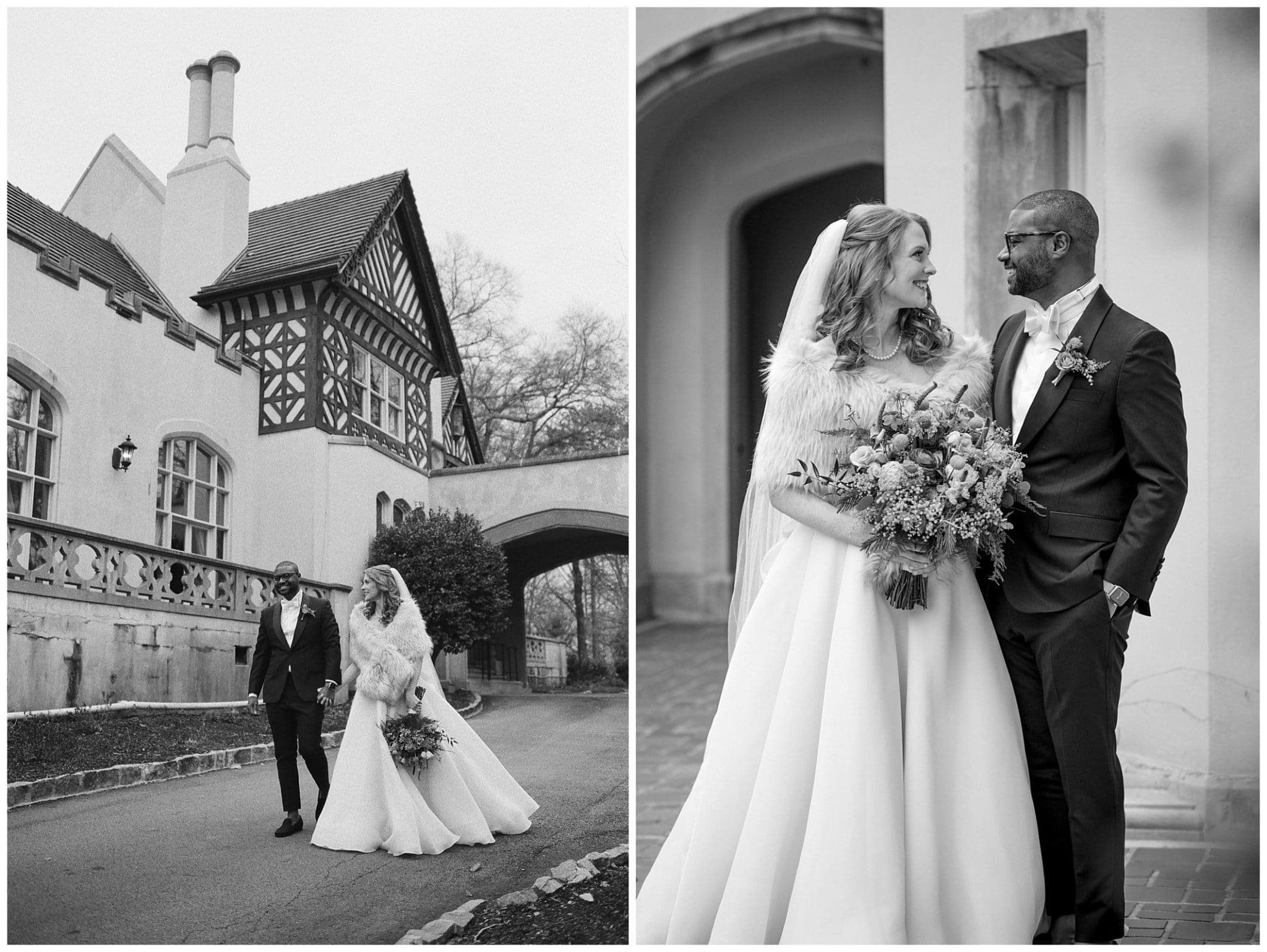 black and white portraits of bride and groom outdoors at their Atlanta wedding