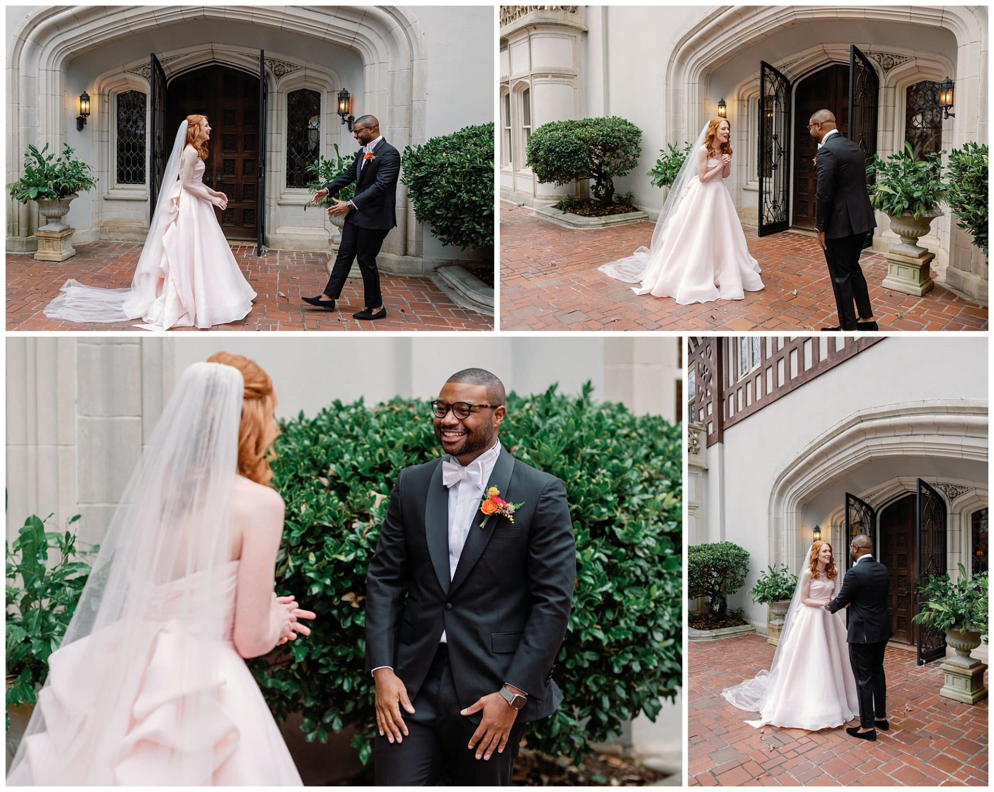 biracial couple shares first look on their wedding day