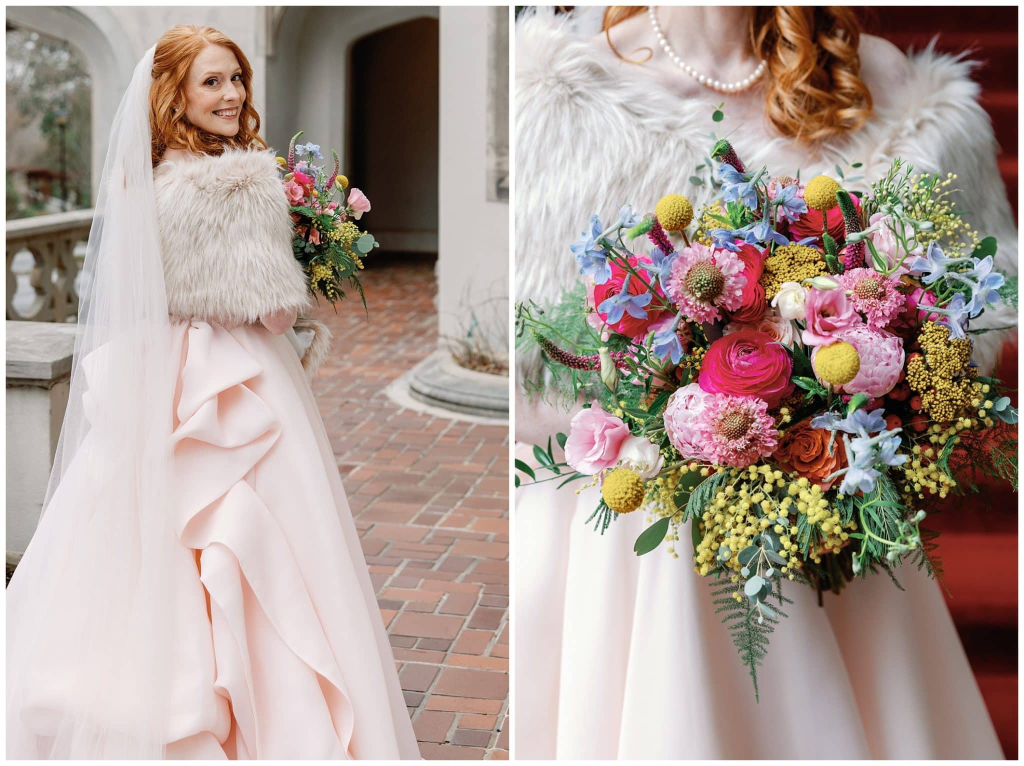 winter bride wearing blush dress and fur shawl holding colorful bouquet