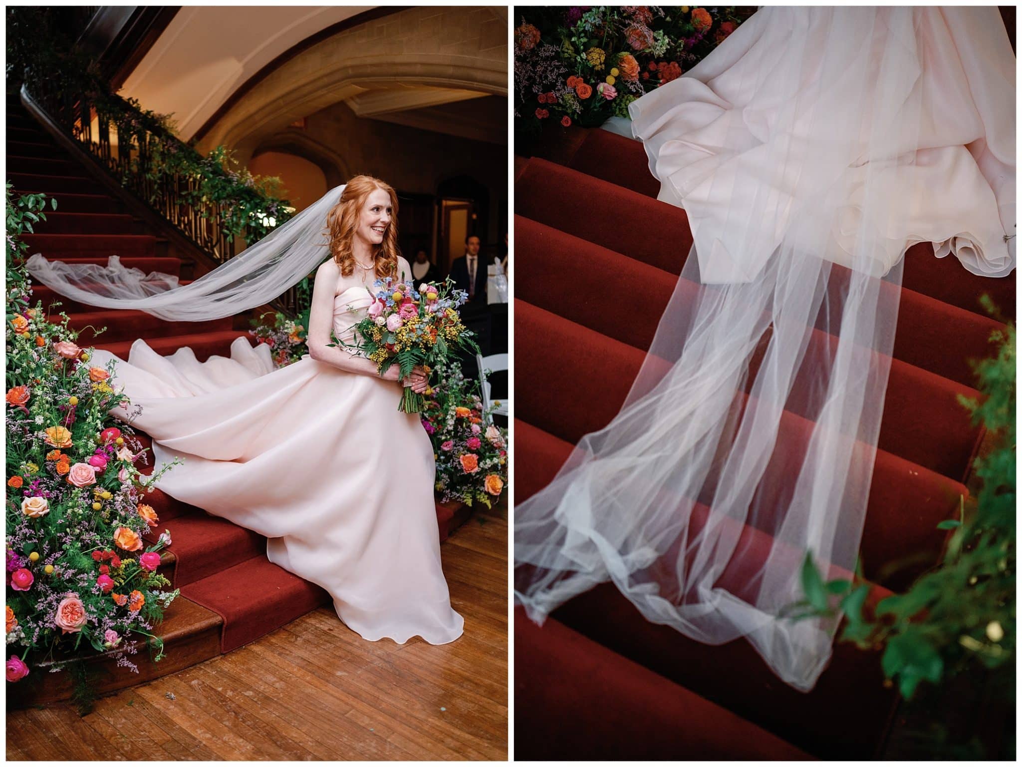 bride walking down staircase on her Atlanta wedding day