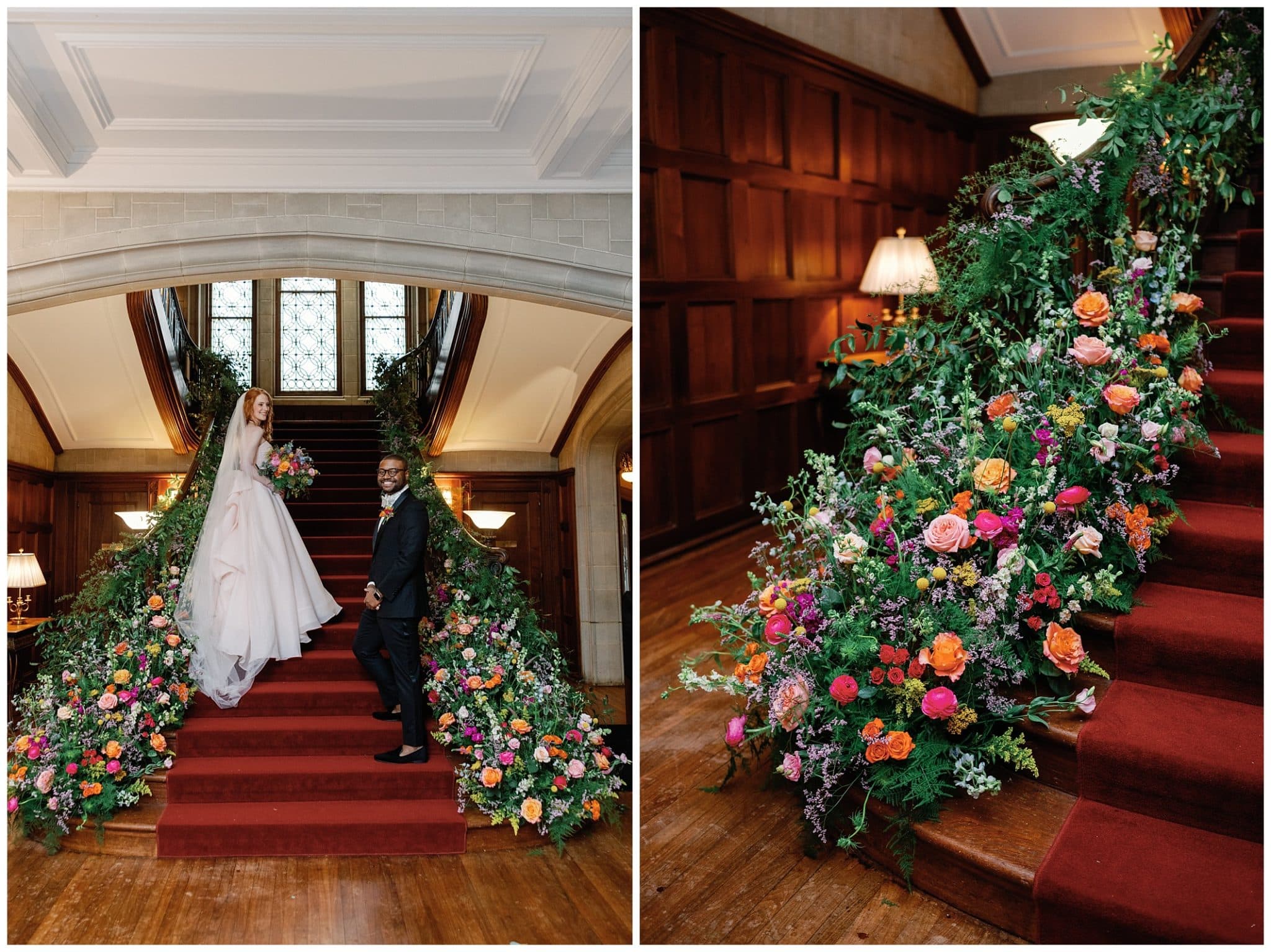 colorful flowers line staircase for Atlanta wedding