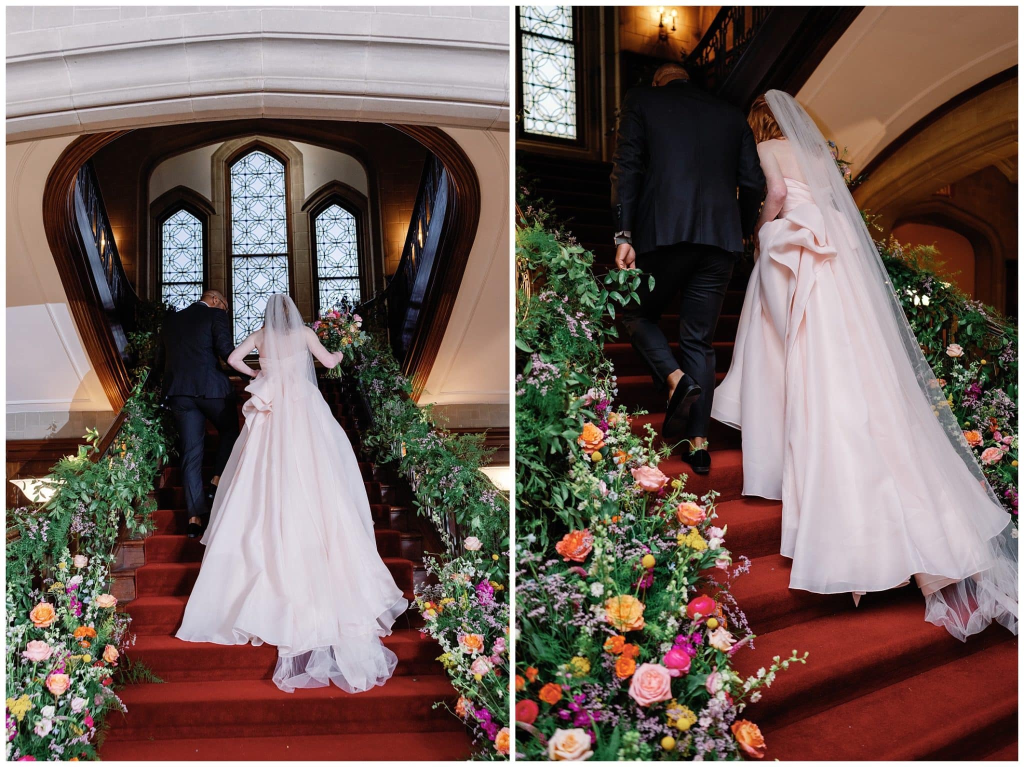 bride and groom walking up staircase lined with flowers