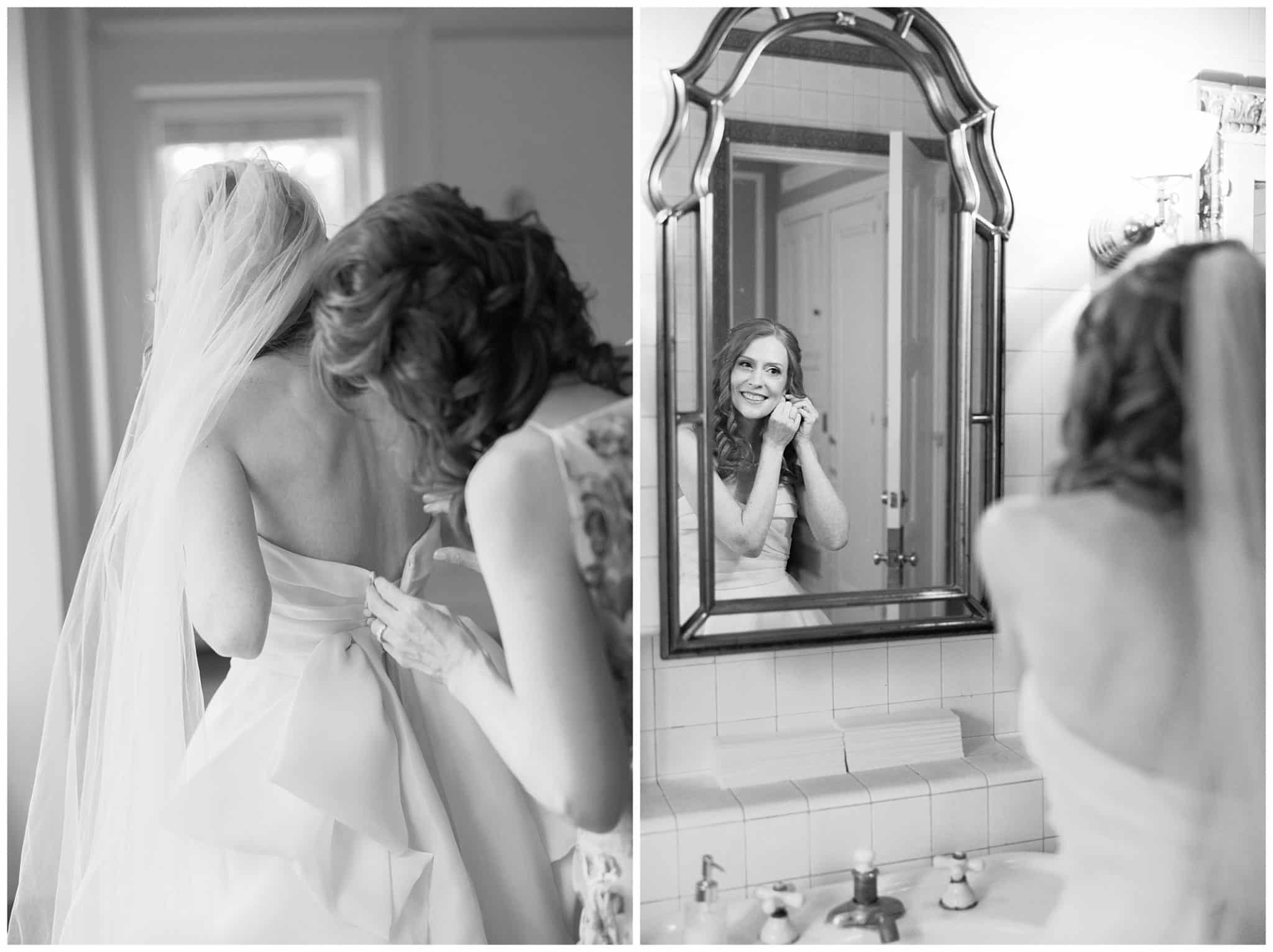 black and white photo of bride getting ready