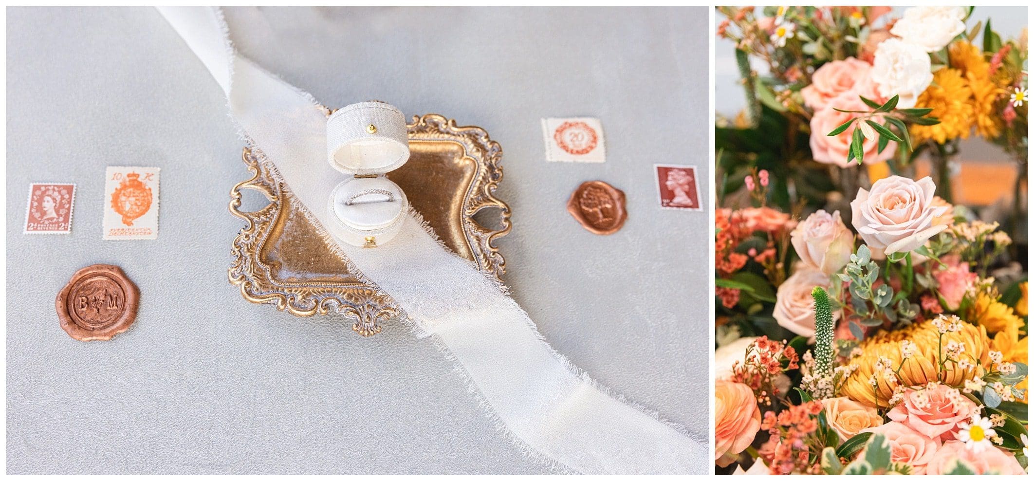 peach and gold wedding details