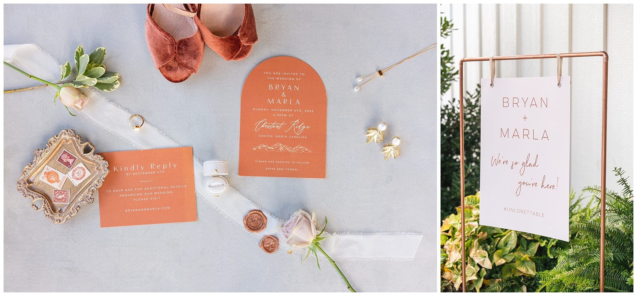 peach and copper details for microwedding in Asheville