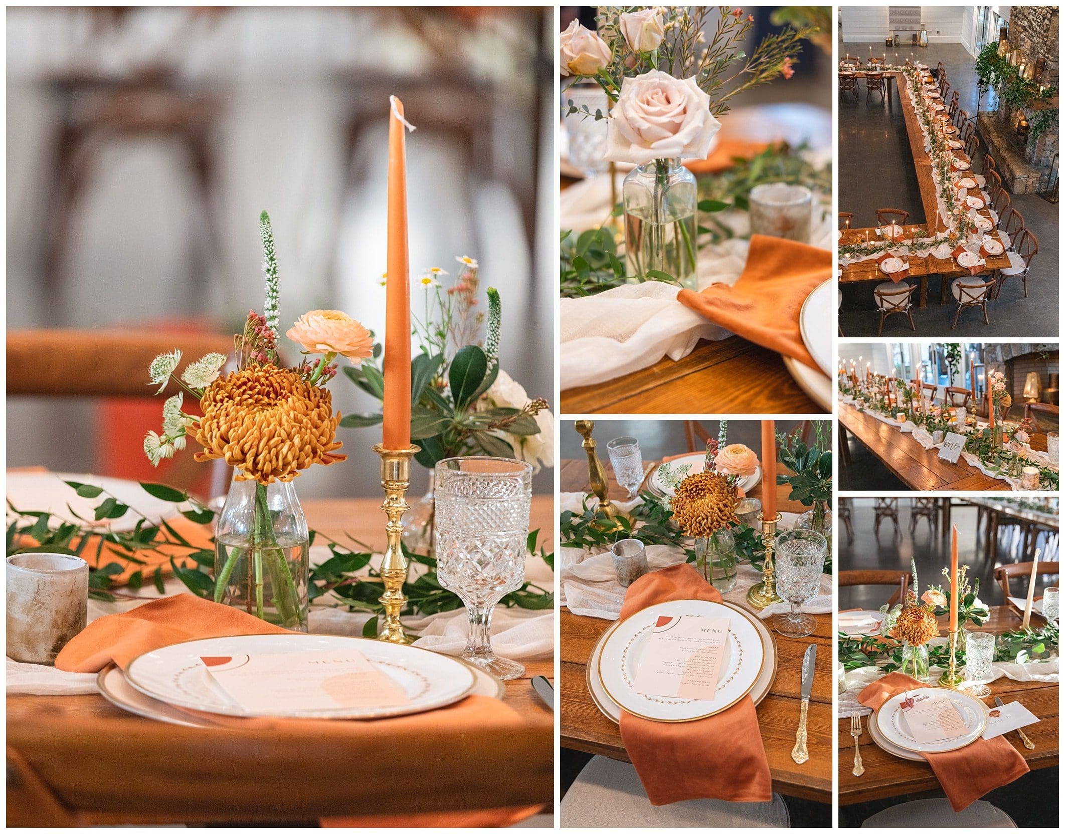 peach orange and gold wedding reception details at Chestnut Ridge