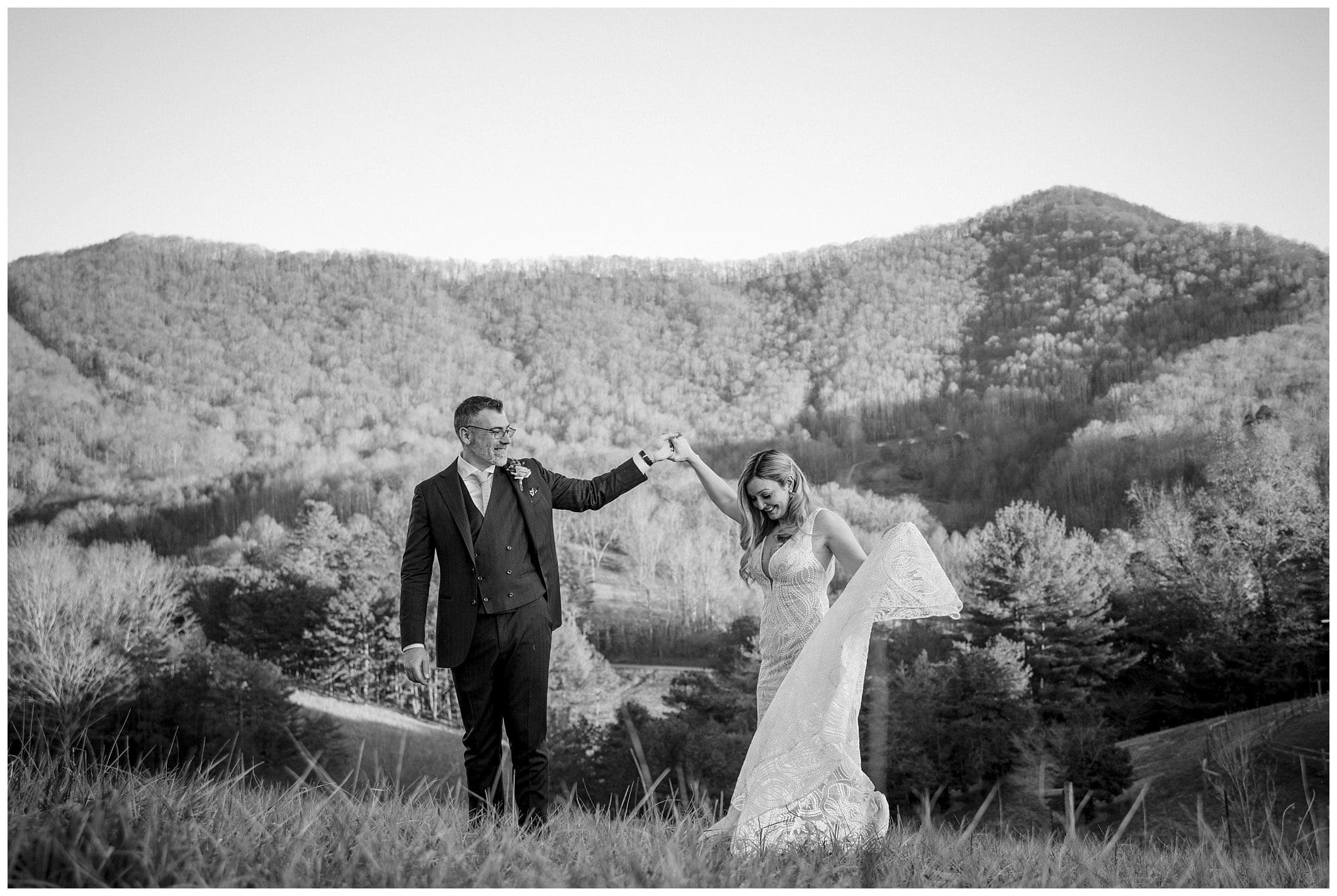 black and white bride and groom mountain portrait