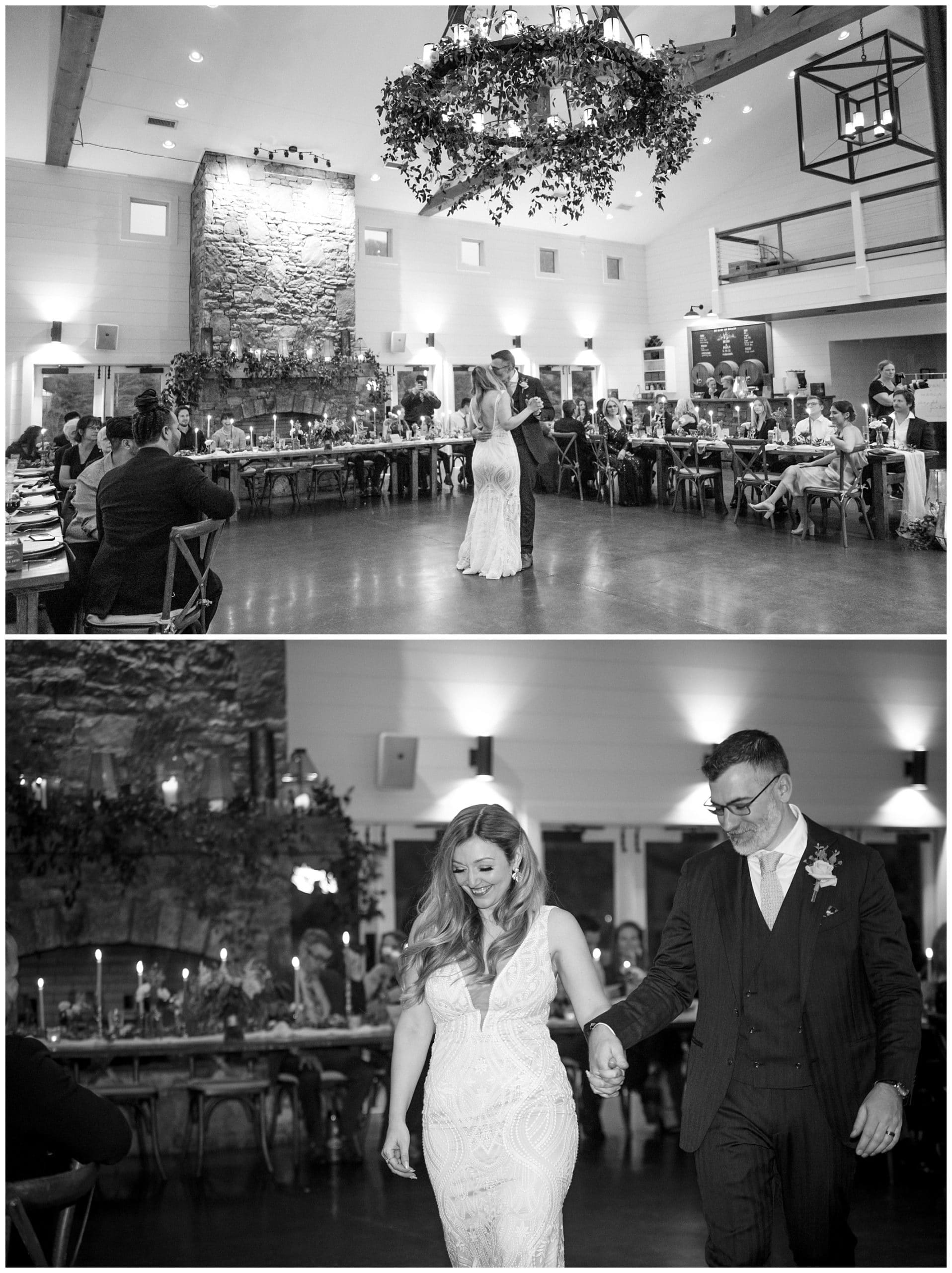 black and white photo of bride and groom having first dance
