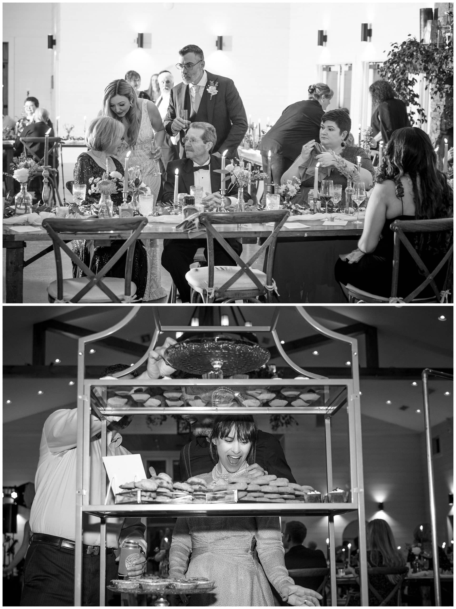 black and white photos of bride and groom enjoying their reception in Asheville, NC