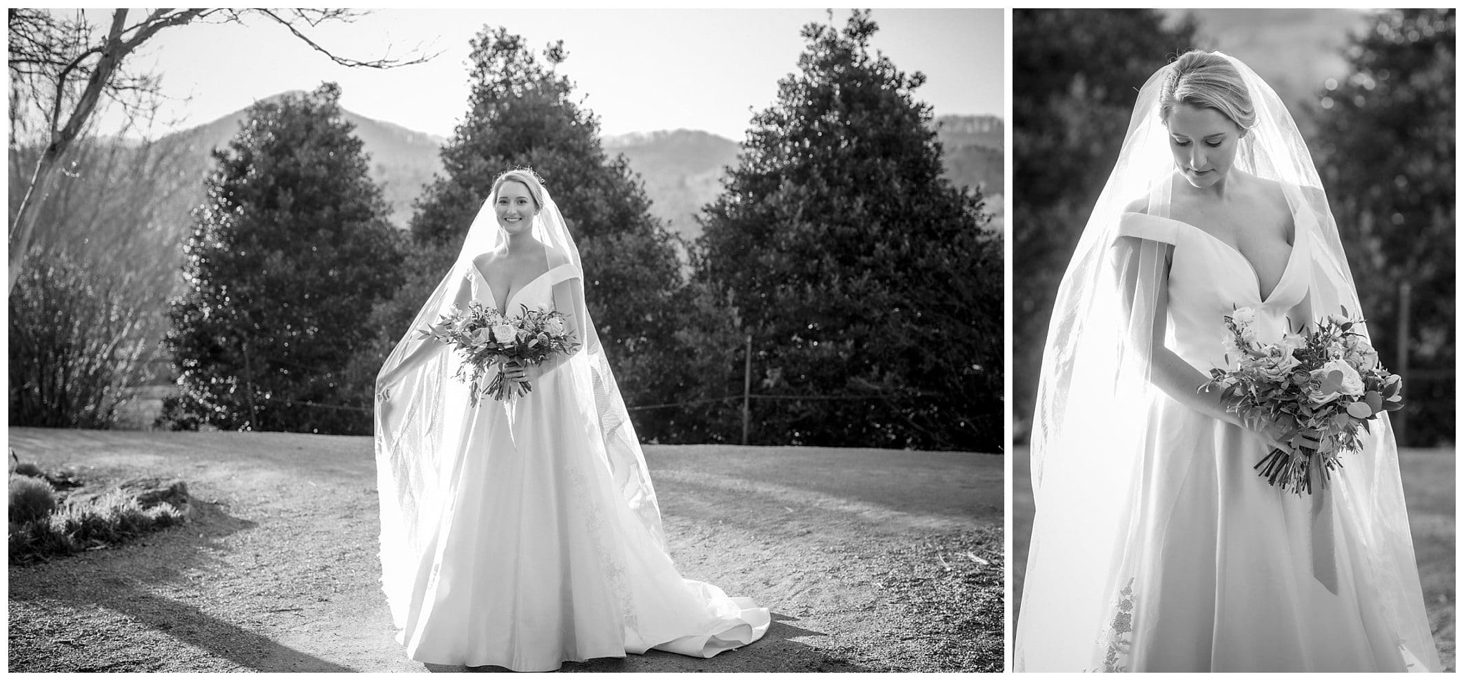 Golden light shines through bride's long flowing veil during bridal photos 