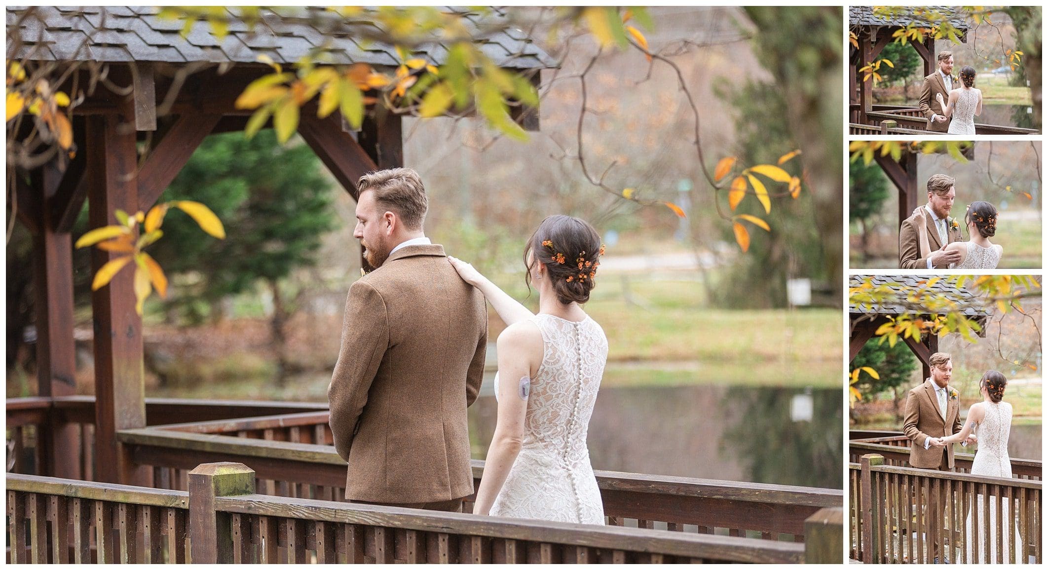fall first look on a gazebo over a pond captured by Asheville wedding photographer Kathy Beaver