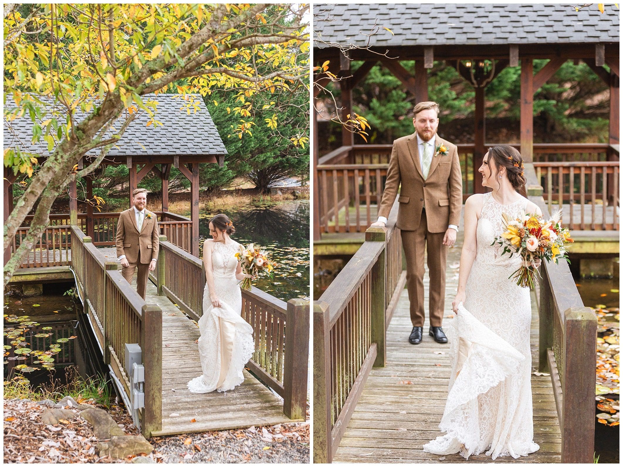with fall leaves surround first look captured by Asheville wedding photographer Kathy Beaver
