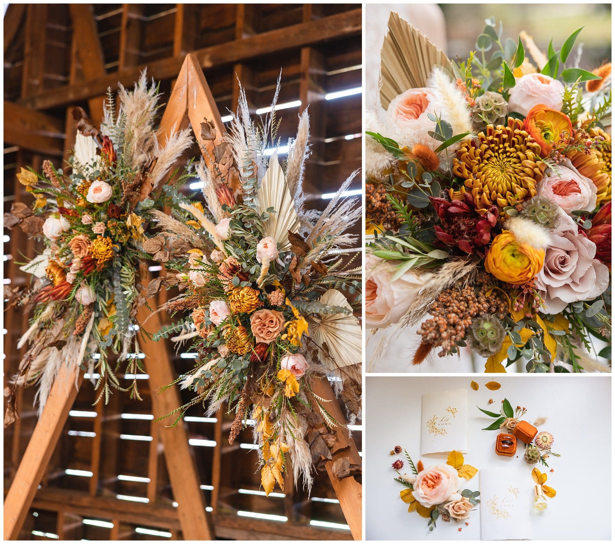 organic  fall wedding flowers with touches of dried flowers, pompas grass and dried fans