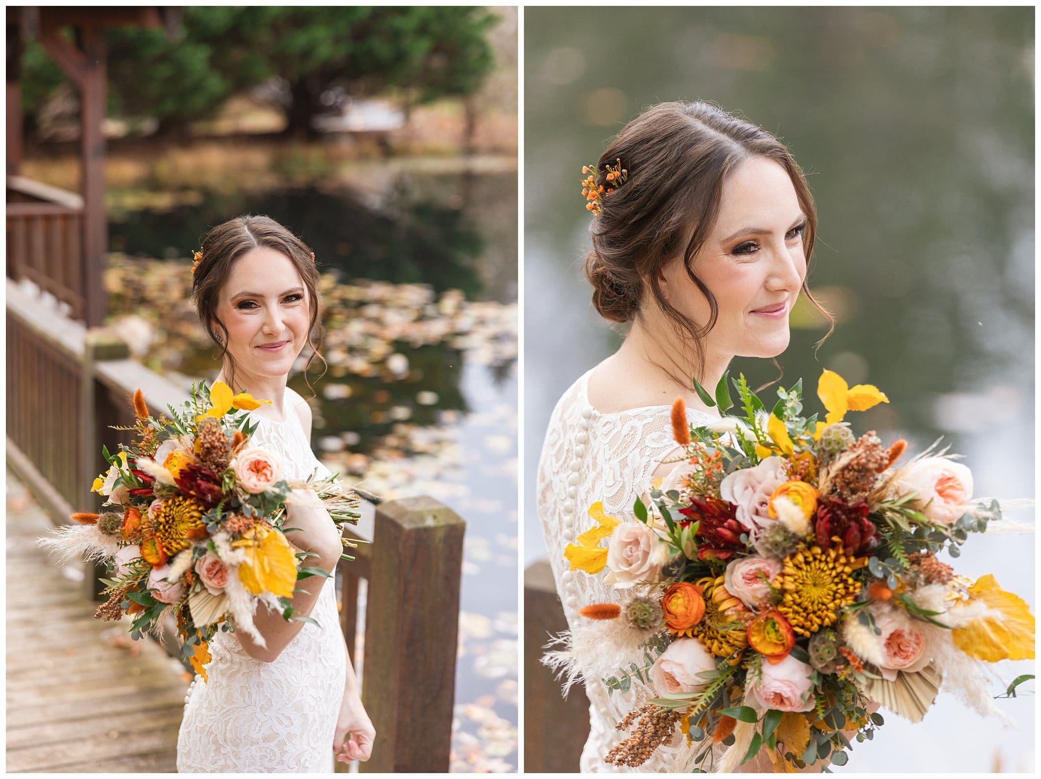 bride poses with colorful bouquet for rustic fall wedding