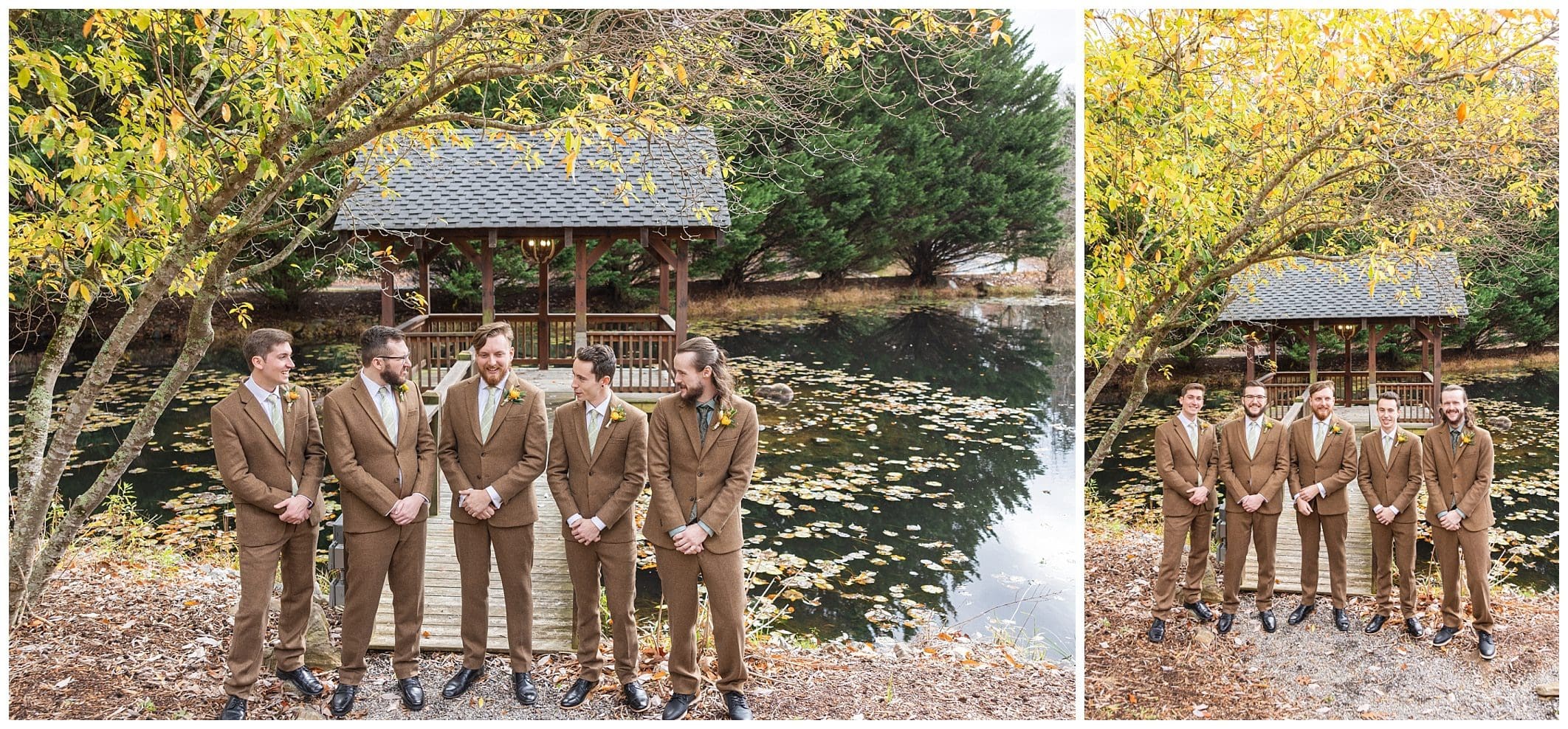 groomsmen pose for Asheville wedding at honeysuckle hill by the pond with fall leaves