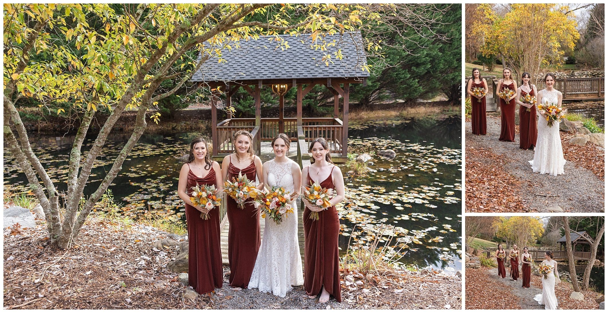bride and bridesmaids pose outside for organic fall wedding fall leaves and pond background